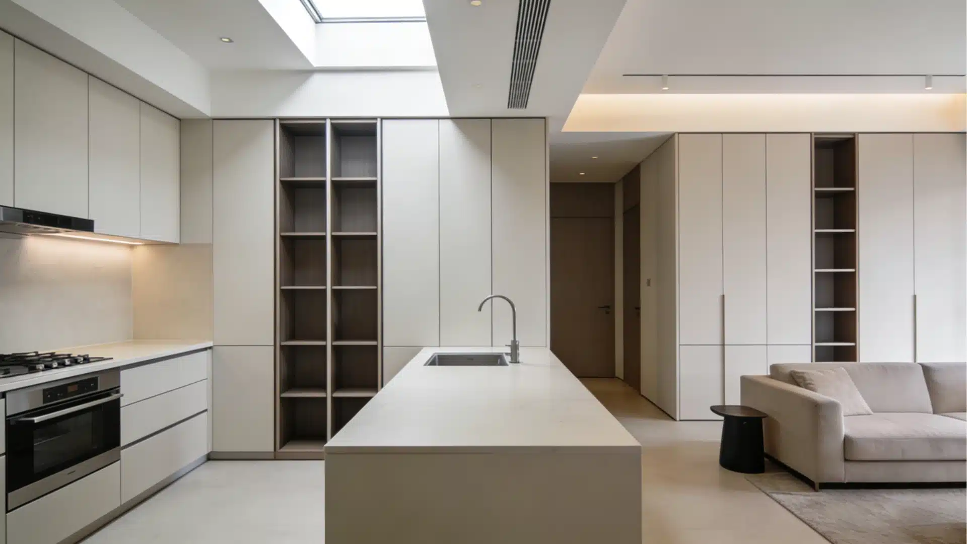 Modern kitchen and living area with a sleek island with sink, minimalist shelves, skylight, and beige sofa