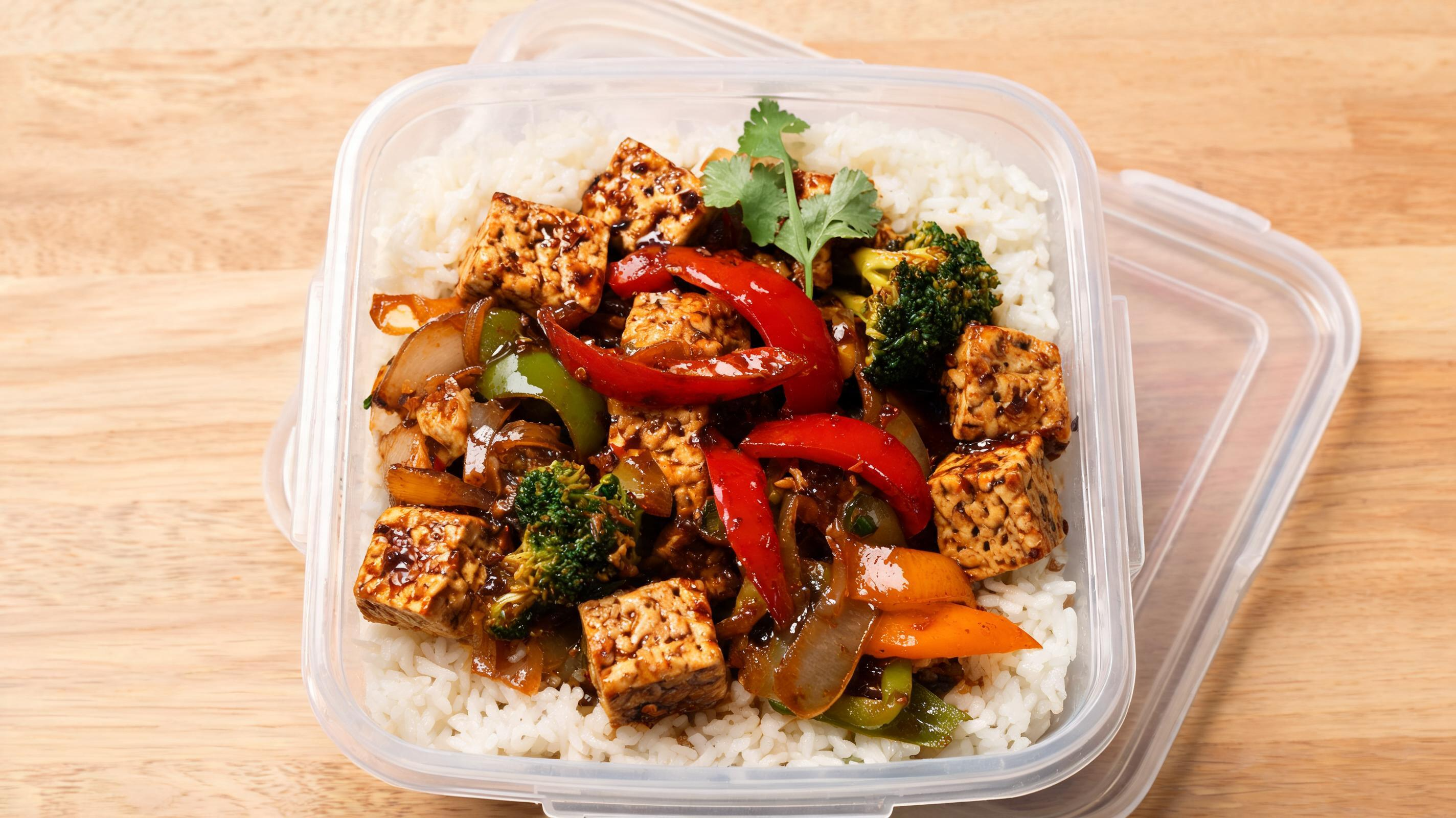 Savory cubed tempeh and mixed vegetables stir-fried in a spicy soy sauce.
