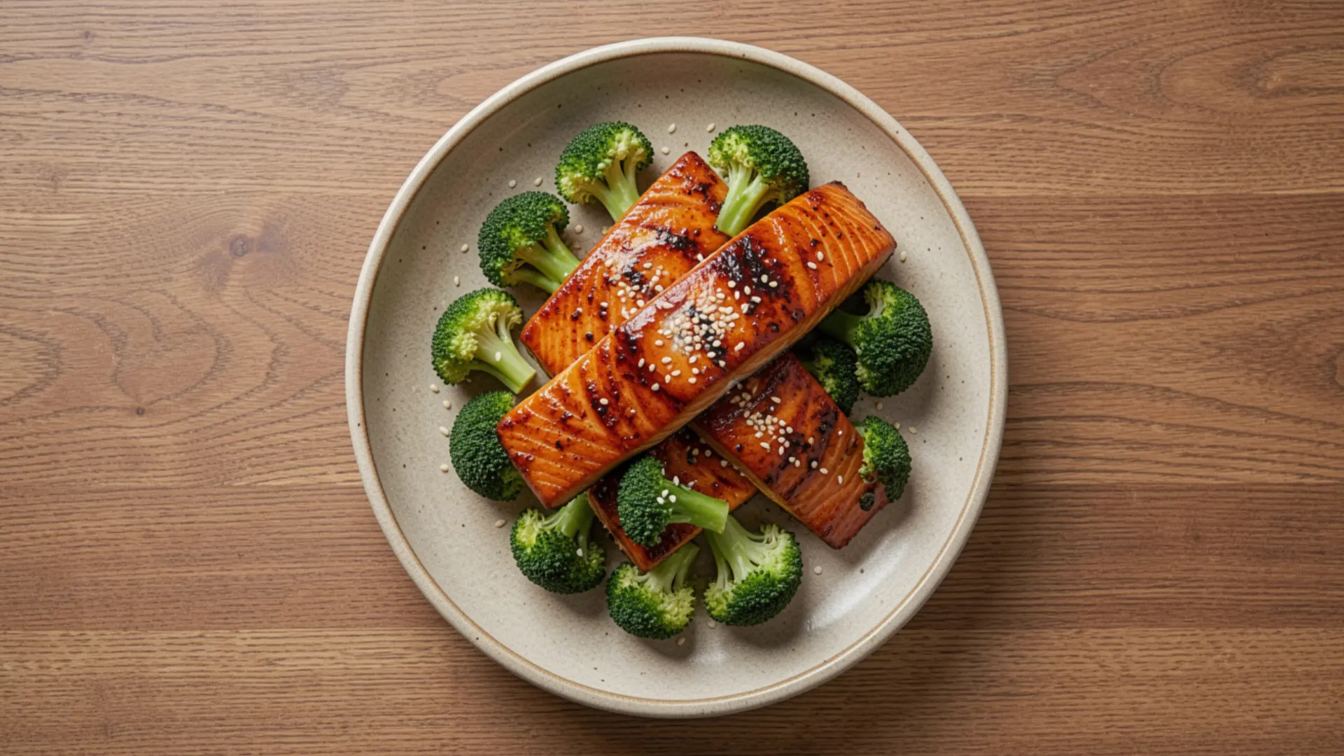 Seared salmon fillets with sesame seeds served with steamed broccoli florets on a plate