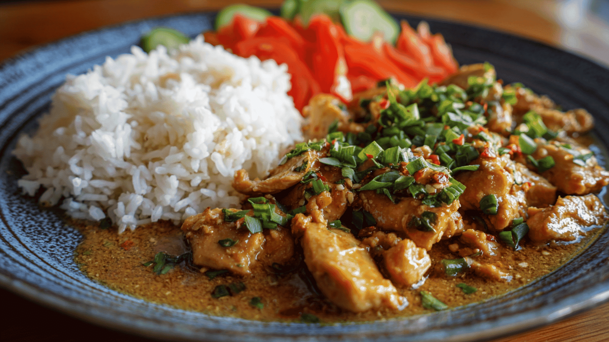 Tender chicken thighs simmering inside a slow cooker, covered in a thick peanut butter, soy sauce, and ginger glaze.