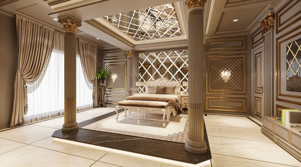 Luxurious bedroom with ornate columns, elegant bed, and mirrored ceiling in a richly decorated interior