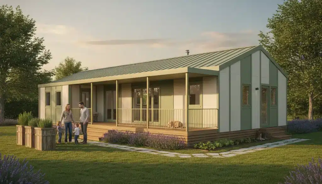 Family with two children walking outside small modern house with porch in sunny garden setting