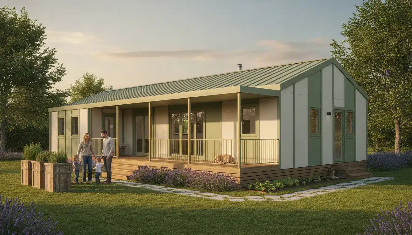Family with two children walking outside small modern house with porch in sunny garden setting