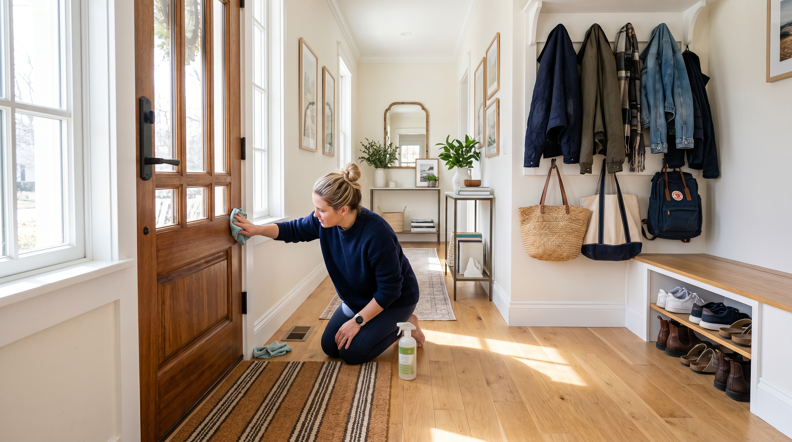 Person cleaning a wooden front door in a bright, organized home entryway with coats and shoes.