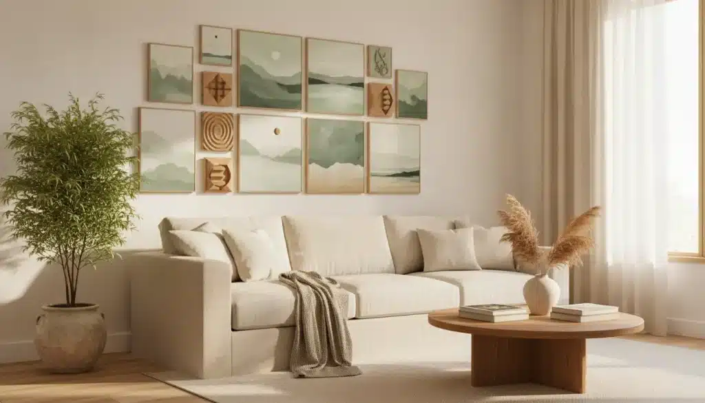 Beige sofa with cushions in serene living room with plant and abstract wall art