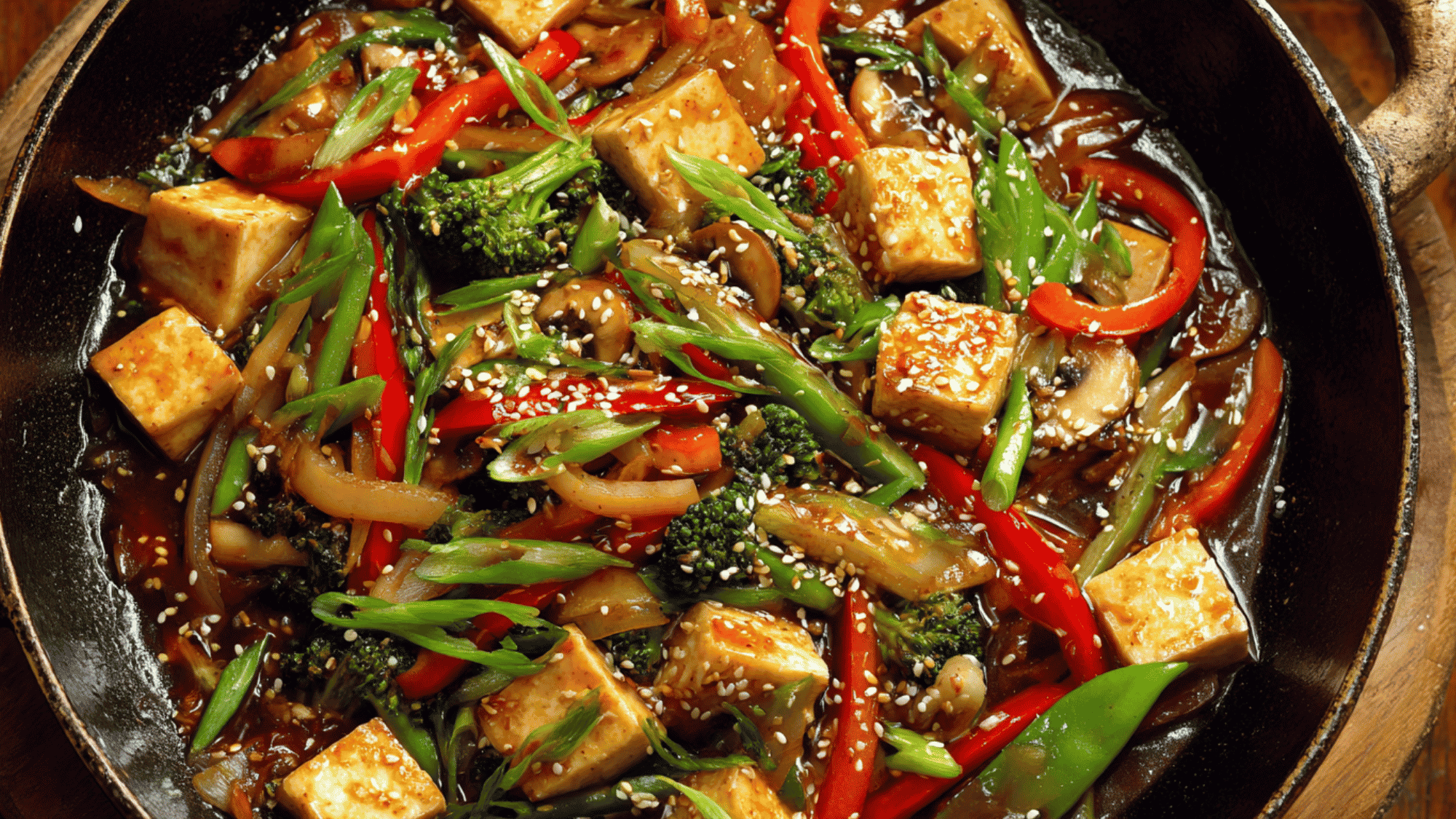 A sizzling wok filled with golden, cubed firm tofu tossed with bright red bell pepper slices, green broccoli florets, and crisp snap peas in a savory soy and hoisin sauce.