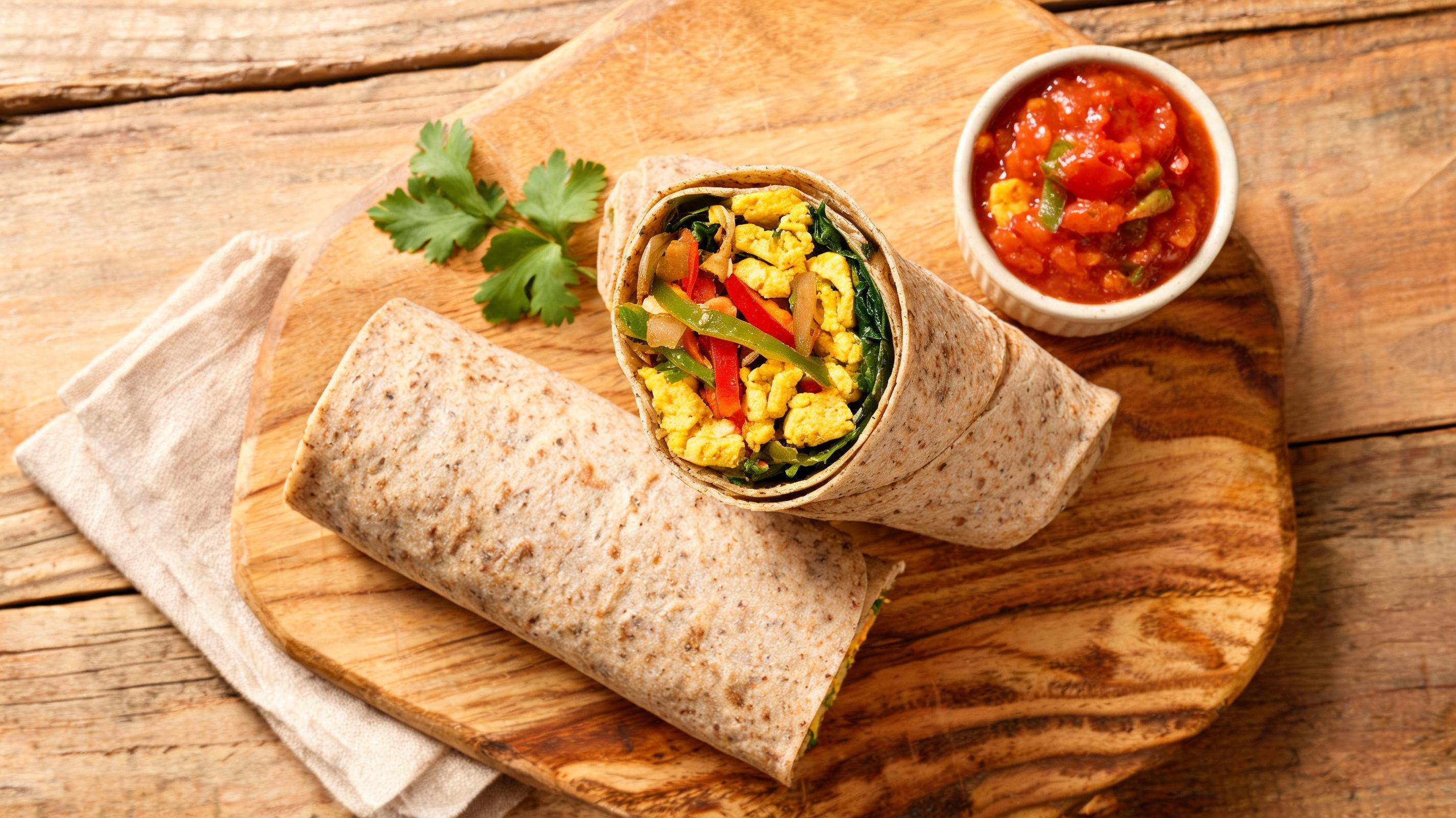 A whole wheat tortilla wrap filled with yellow tofu scramble and veggies.