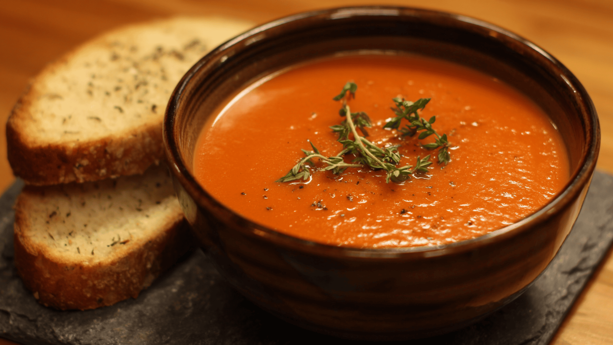 A warm, vibrant bowl of creamy tomato soup served with a fresh basil garnish.