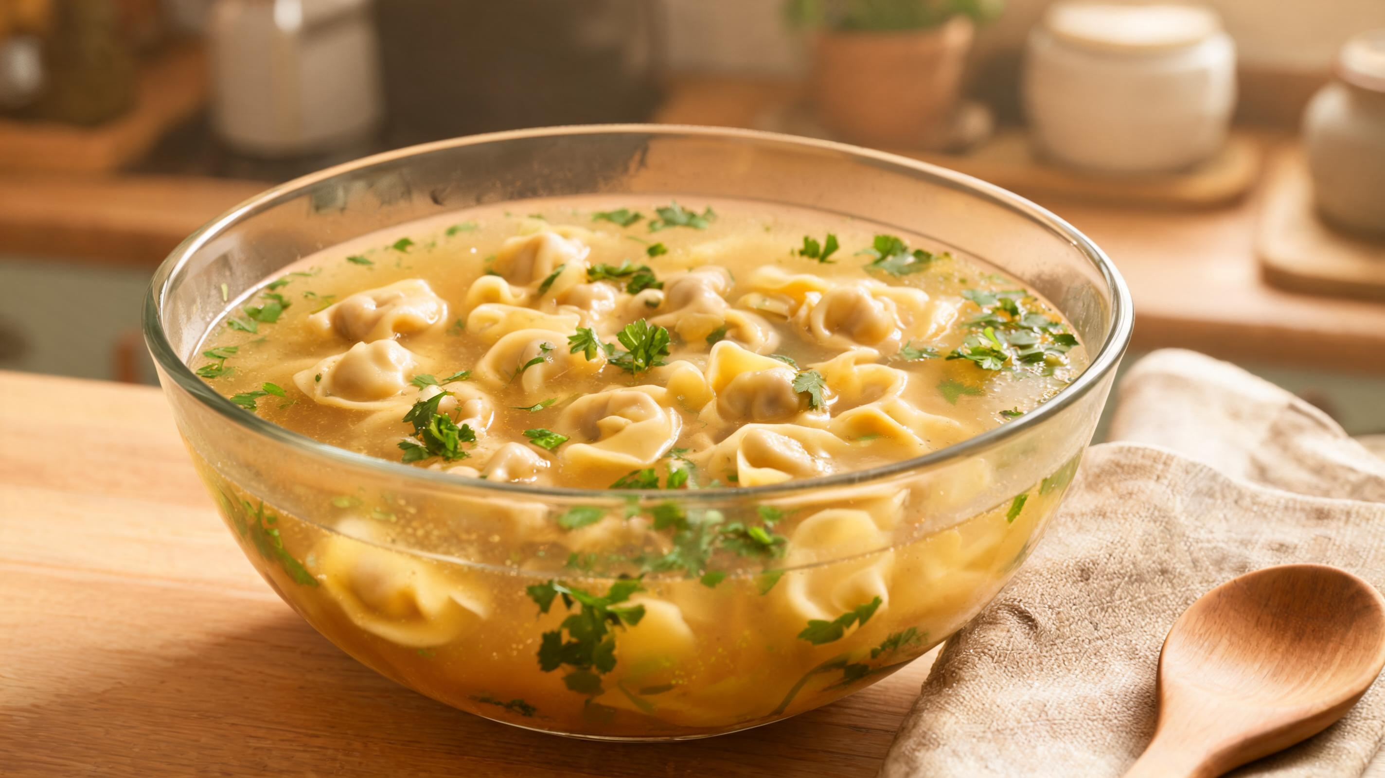 Clear bowl of tortellini in golden broth with fresh parsley, cozy kitchen setting.