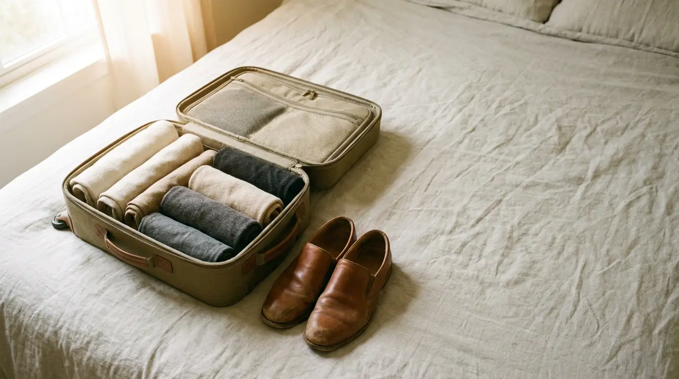 Packing suitcase with folded clothes and leather shoes on a neatly made bed