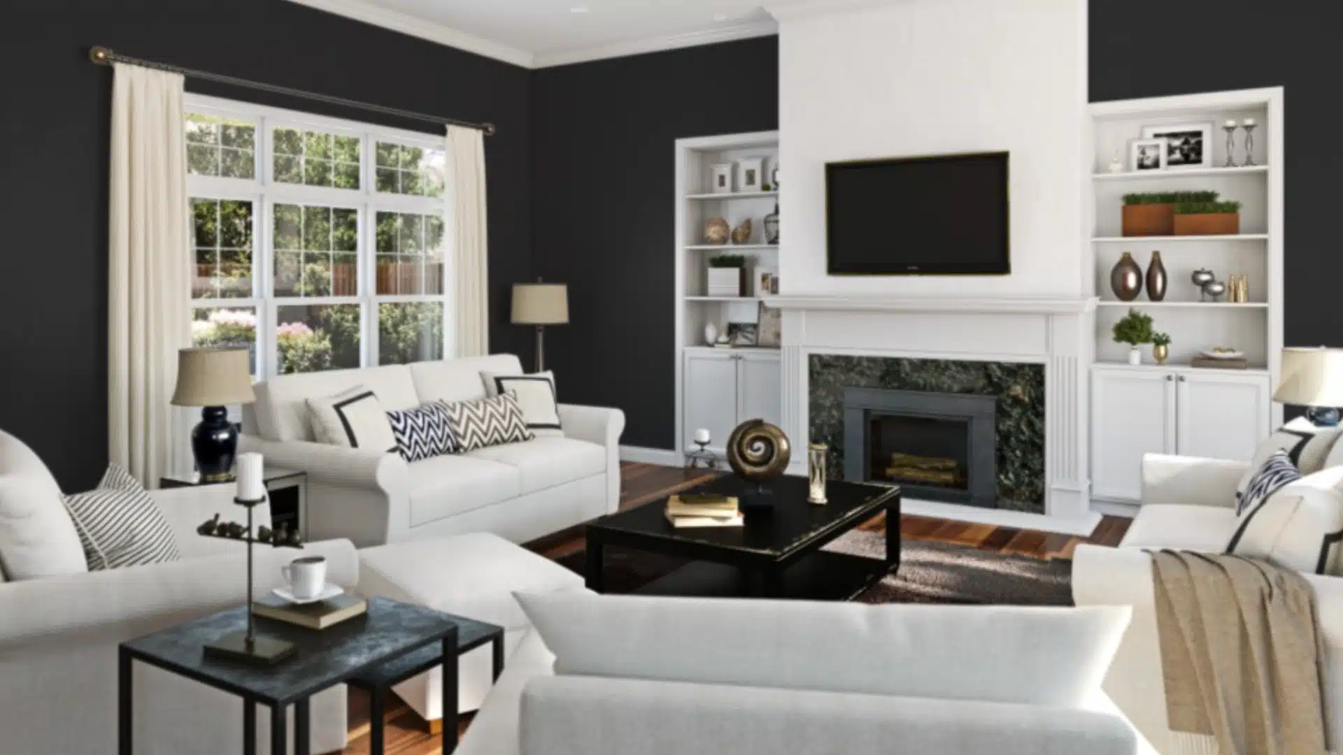 A contemporary living room with bold black walls and minimalist white furniture, offering a striking and balanced aesthetic.
