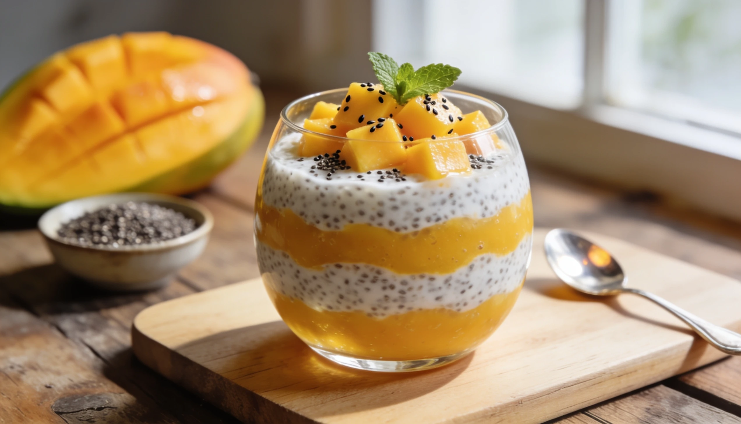 Layered mango and chia seed pudding parfait in a glass, topped with mango cubes and mint, with a whole mango and bowl of chia seeds in the background.