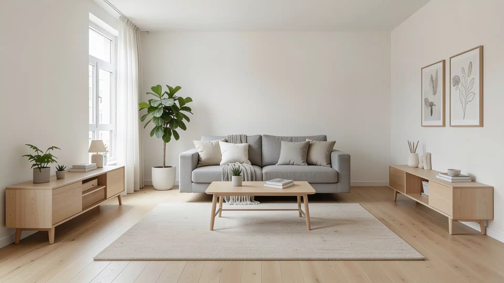 A well-organized living room with a comfortable couch, a coffee table, and several indoor plants for a fresh look.