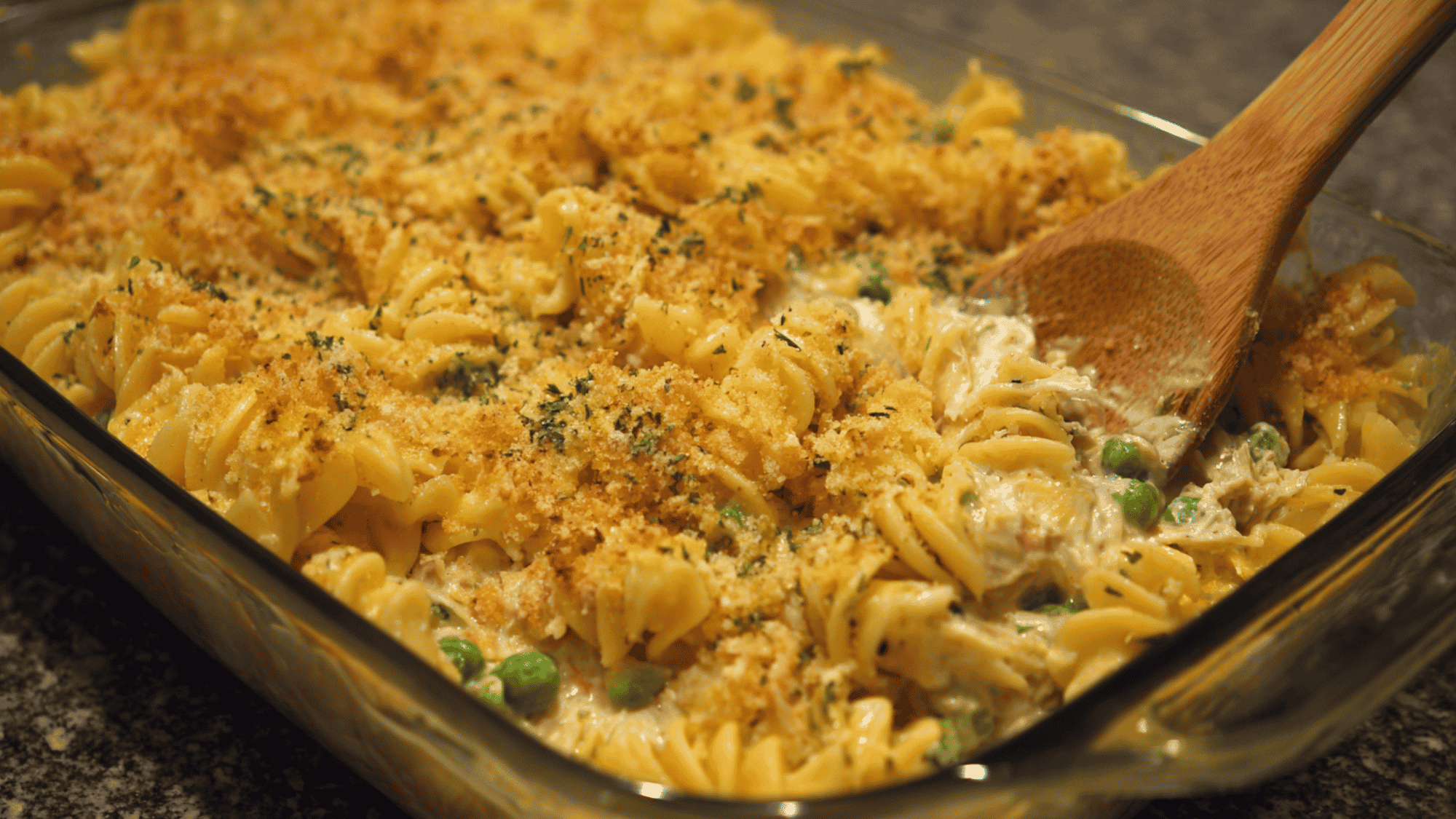 Delicious homemade tuna casserole straight from the oven.
