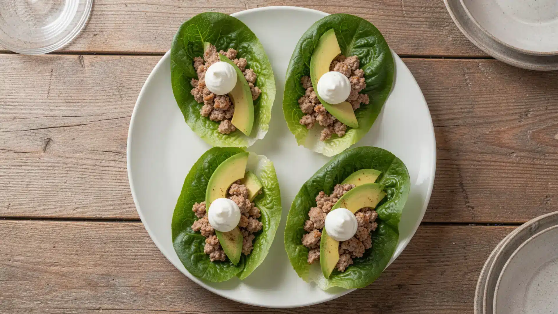Four lettuce wraps filled with seasoned ground meat, avocado slices, and a dollop of sour cream on a white plate