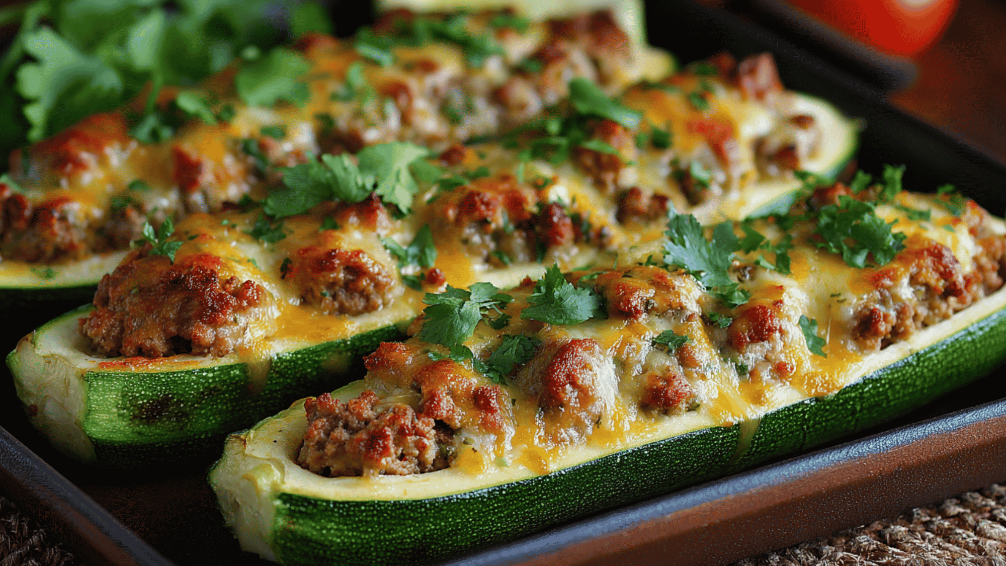 Three large zucchini halves scooped and filled with seasoned ground turkey, diced tomatoes, and aromatic herbs, baked to a golden brown and topped with a light sprinkle of melted Parmesan cheese.
