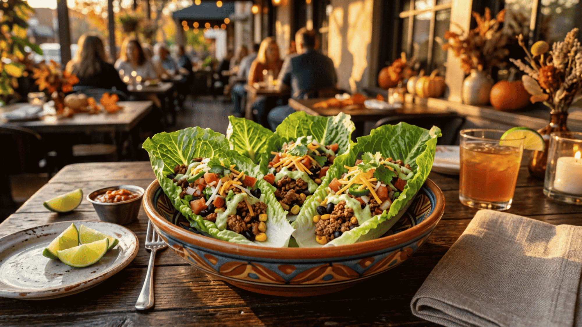 Crisp butter lettuce leaves filled with seasoned ground turkey taco meat, topped with fresh salsa, a dollop of Greek yogurt, and sliced avocado.