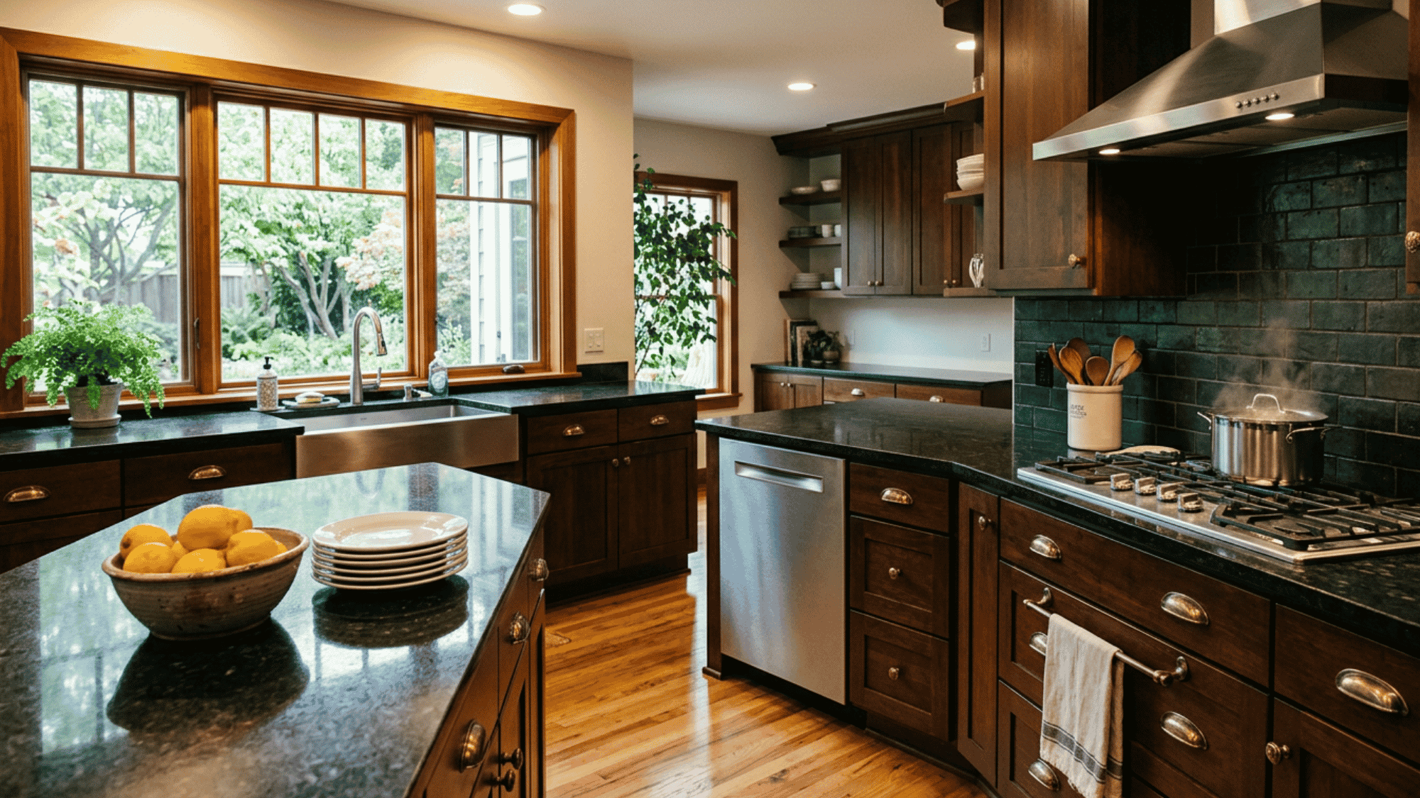 A polished Ubatuba granite countertop showing dark green and black stone textures with shimmering gold flecks.
