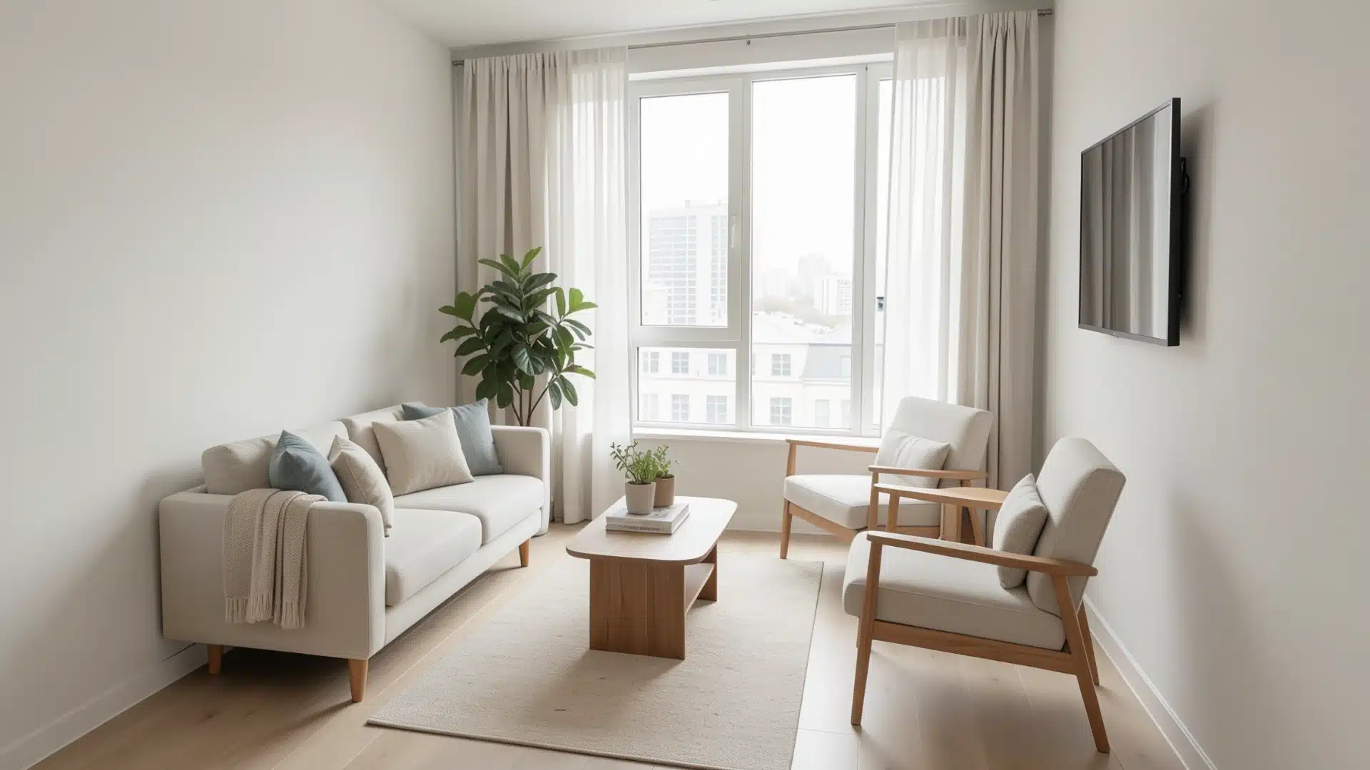A modern living room with a plush couch, a single chair, and a table, creating an inviting atmosphere for guests.
