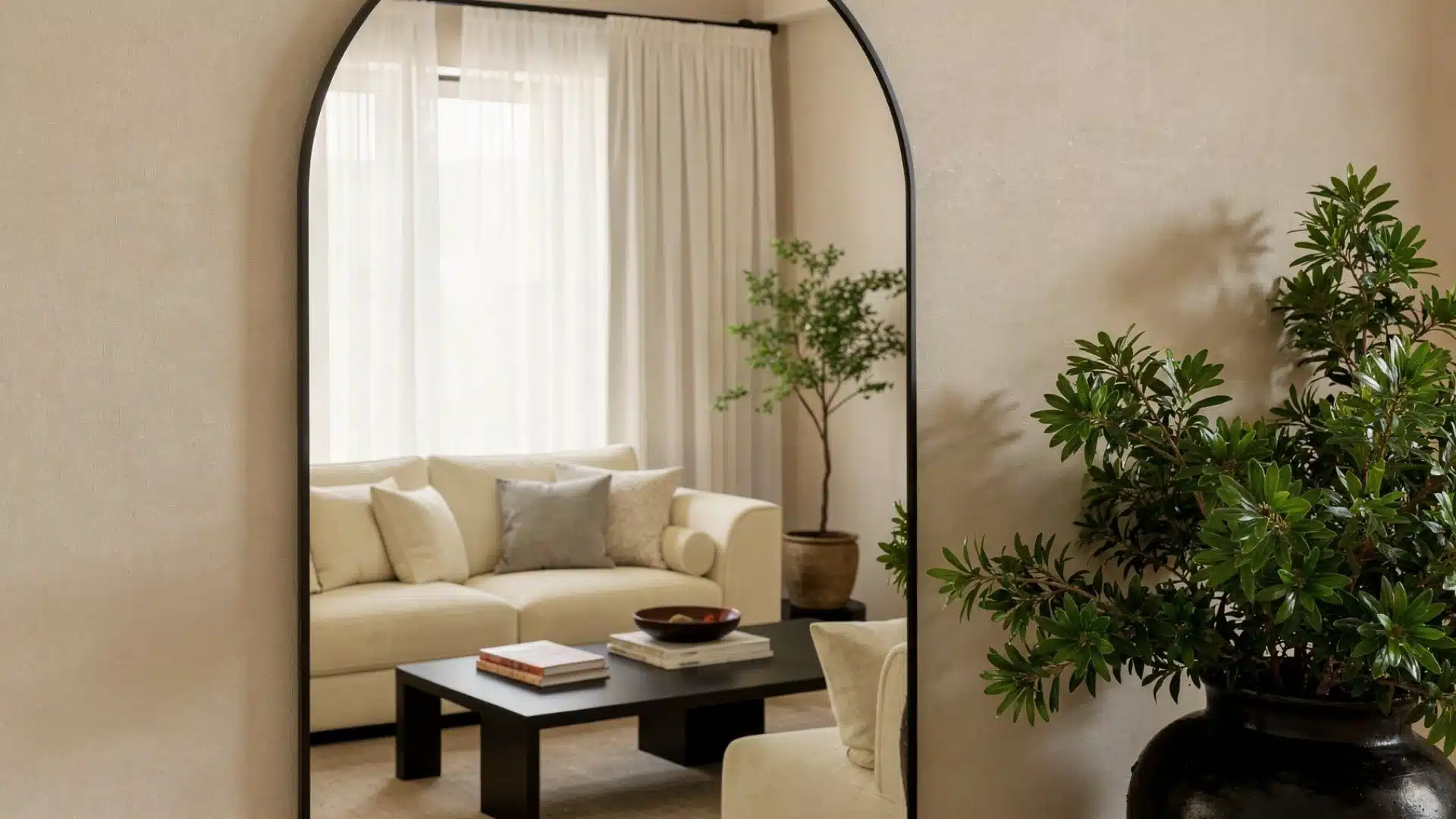 A spacious living room featuring a large mirror above a stylish couch, creating an inviting atmosphere.