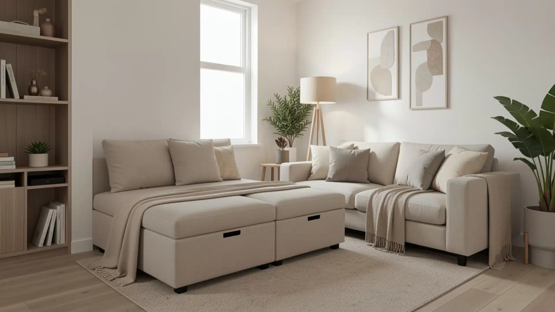 A modern living room with a sleek couch and an ottoman, surrounded by inviting decor and a warm atmosphere.