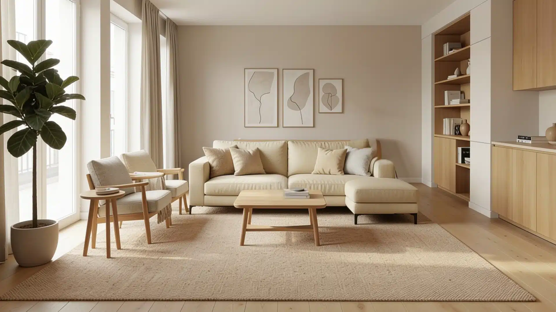 A modern living room showcasing beige furnishings and a decorative plant, enhancing the space's comfort and aesthetic appeal.