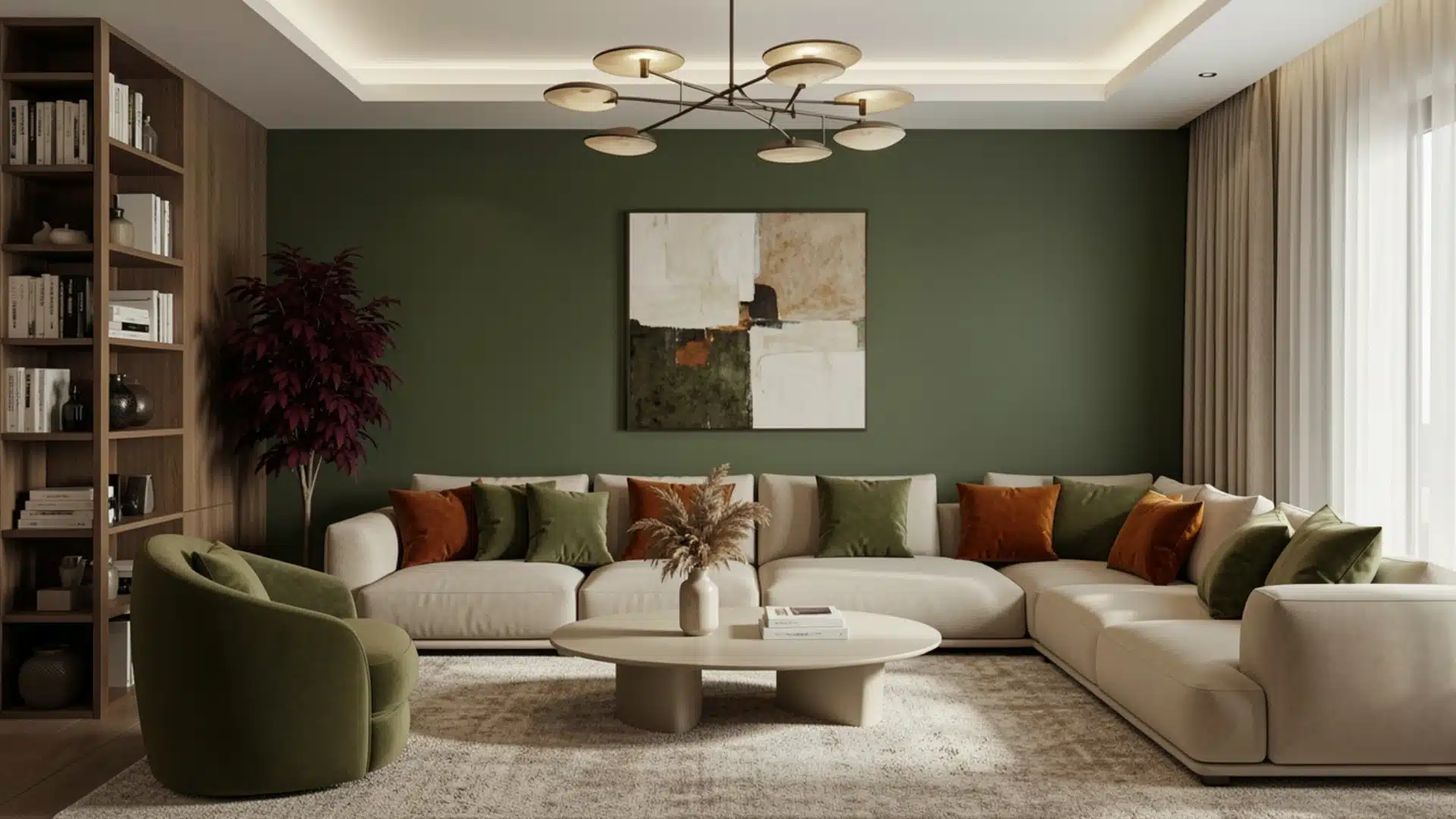 Stylish living room showcasing green walls paired with elegant white furniture, designed for a modern aesthetic.