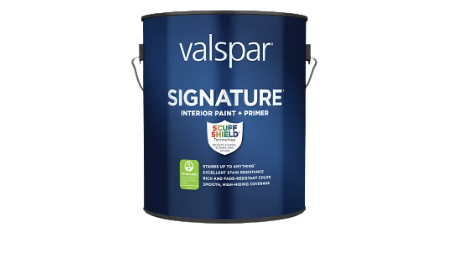 Valspar Signature interior paint and primer can with Scuff Shield technology.