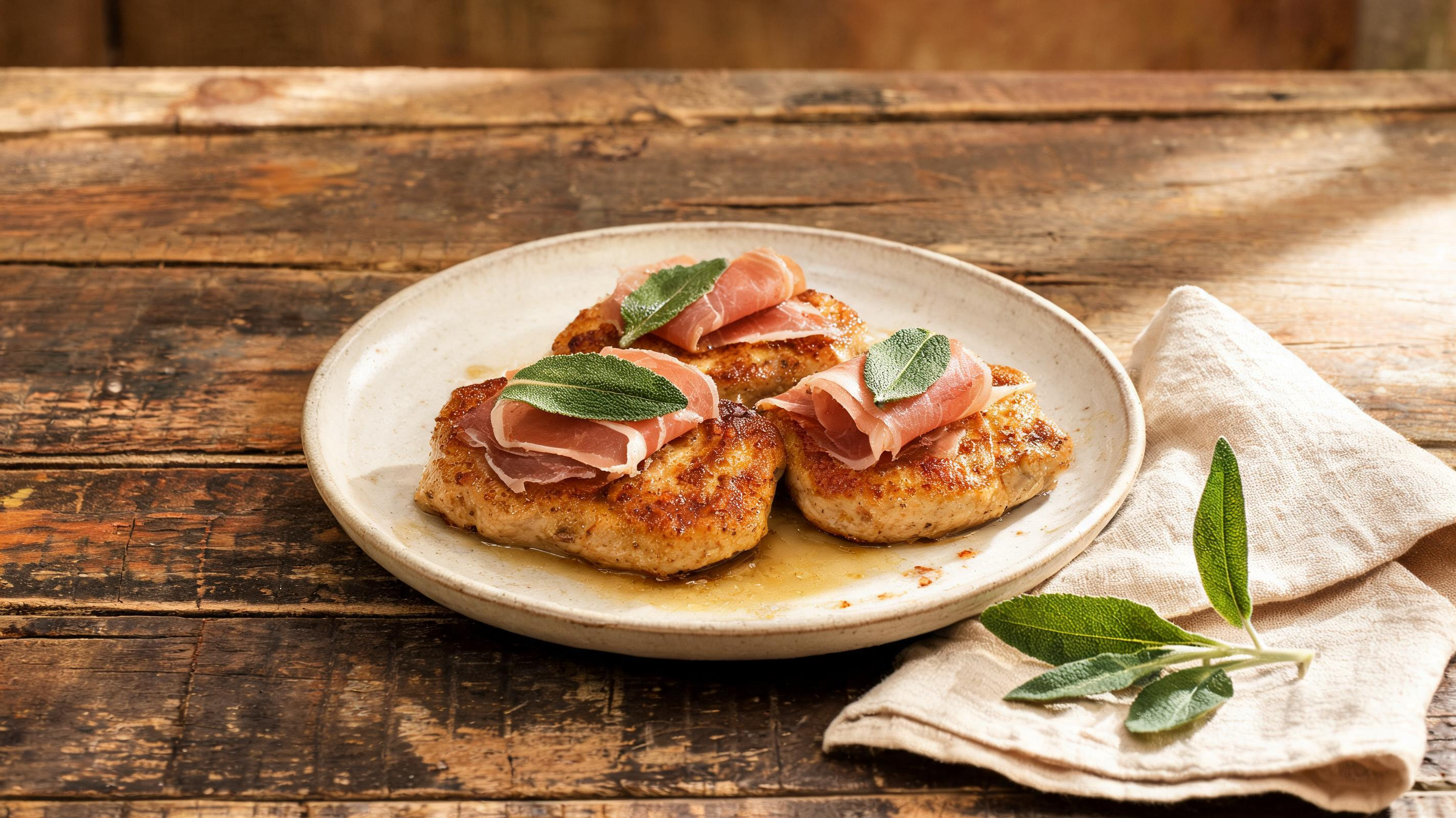 Golden-brown veal cutlets topped with prosciutto and sage, served on a plate.