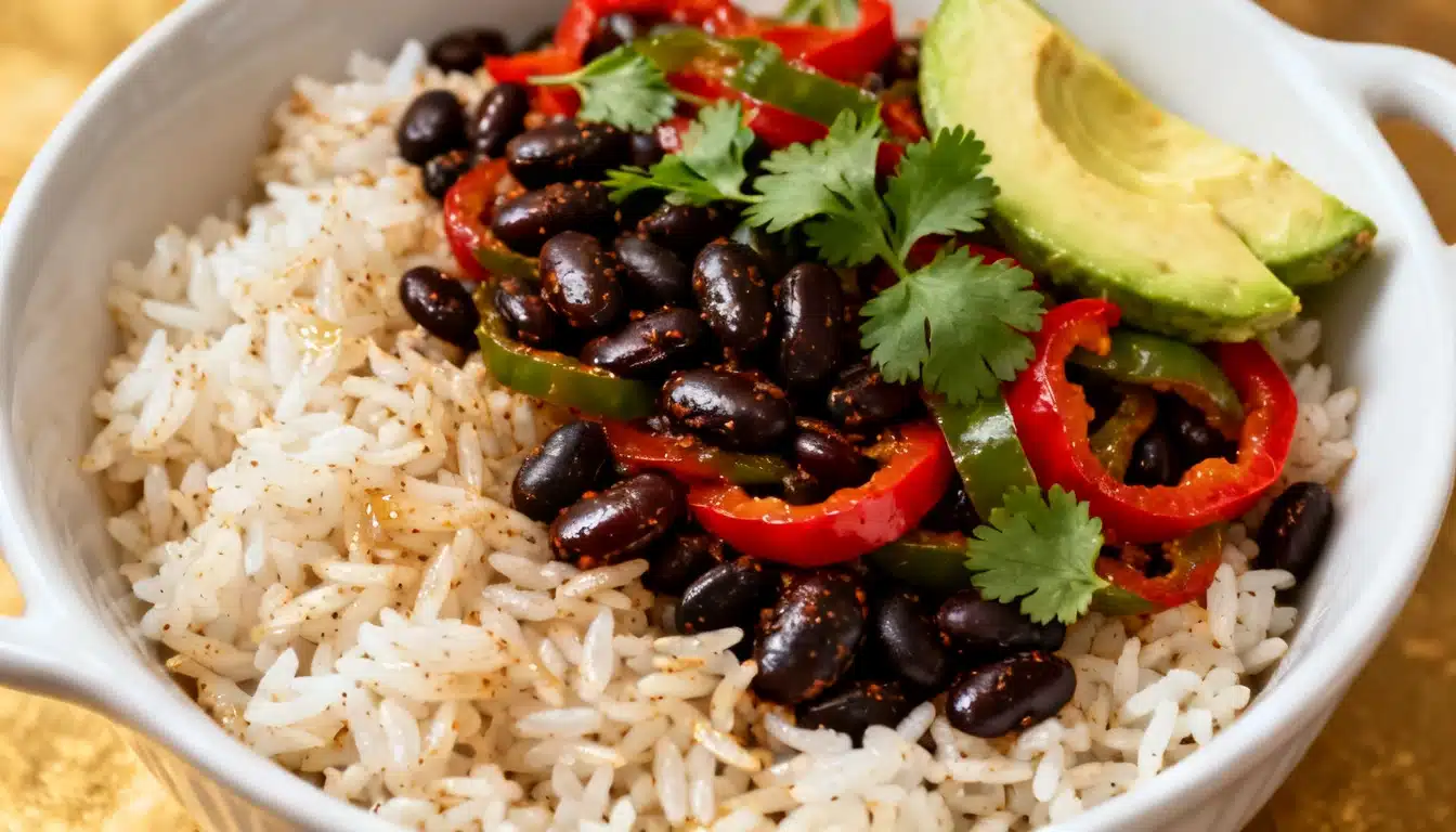 A vibrant vegan black bean fajita bowl featuring black beans, sliced avocado, and colorful peppers.