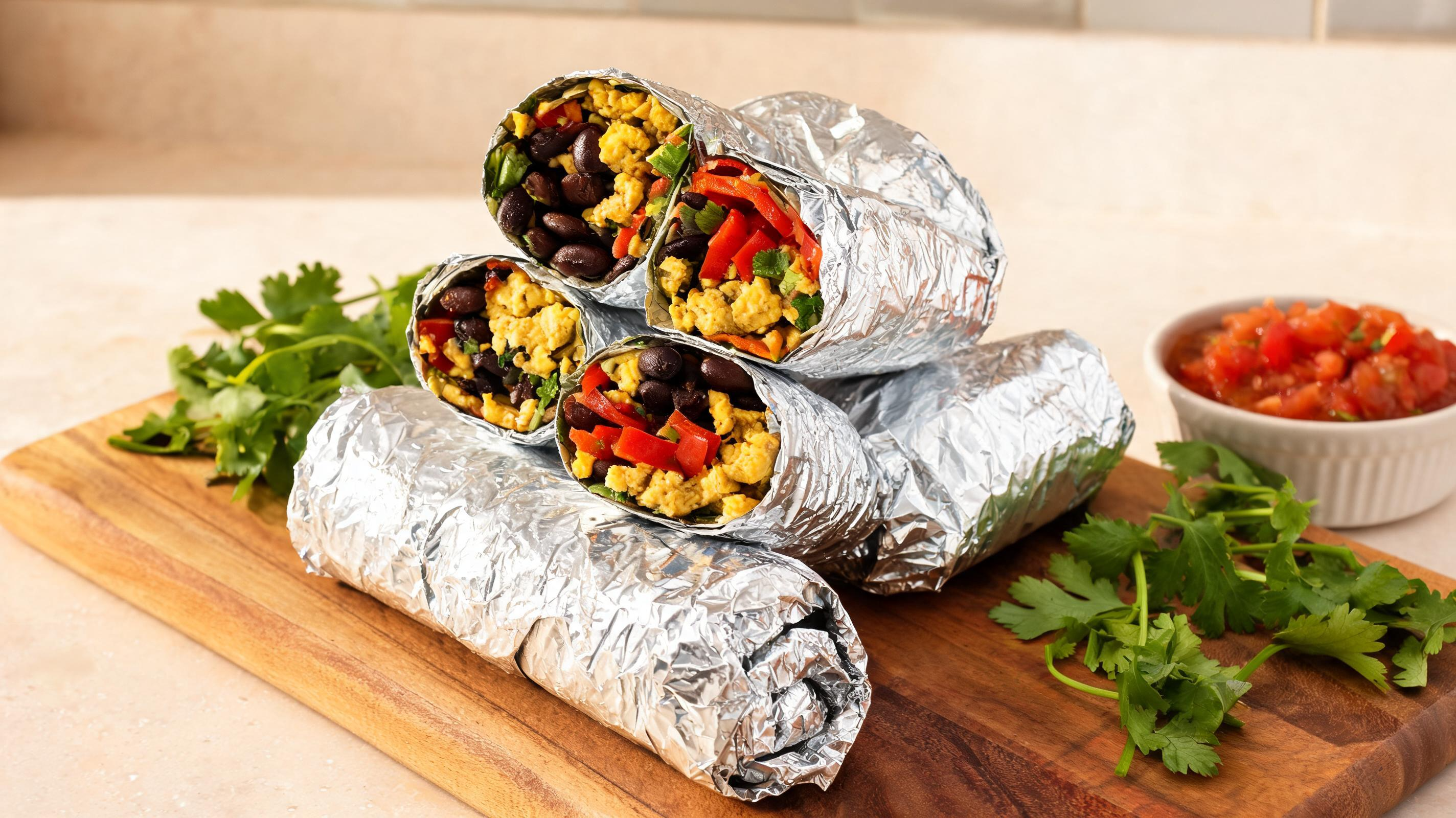 Meal prepped vegan breakfast burritos wrapped tightly in aluminum foil.