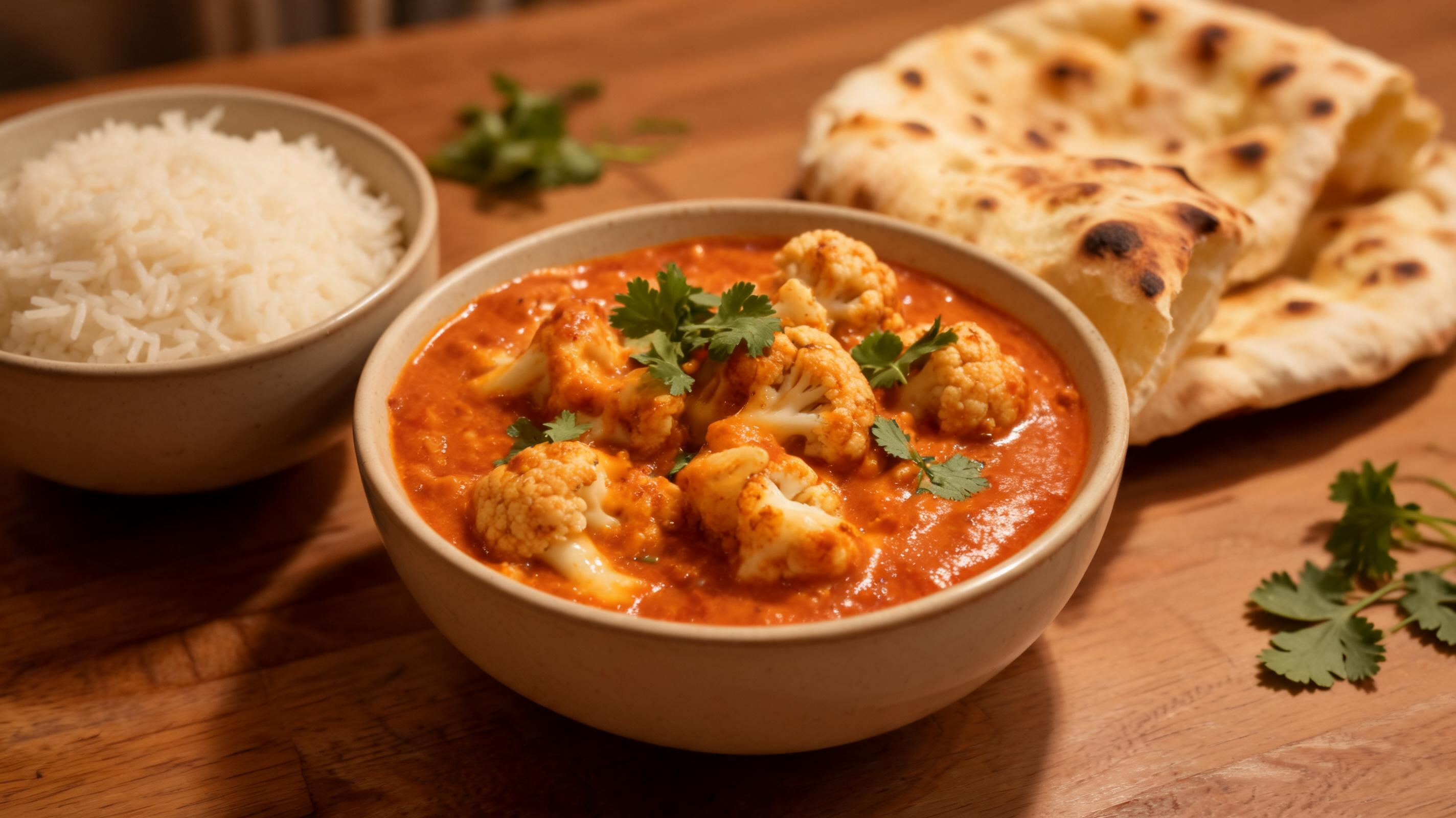 A rich bowl of cauliflower tikka masala served hot with fluffy rice.
