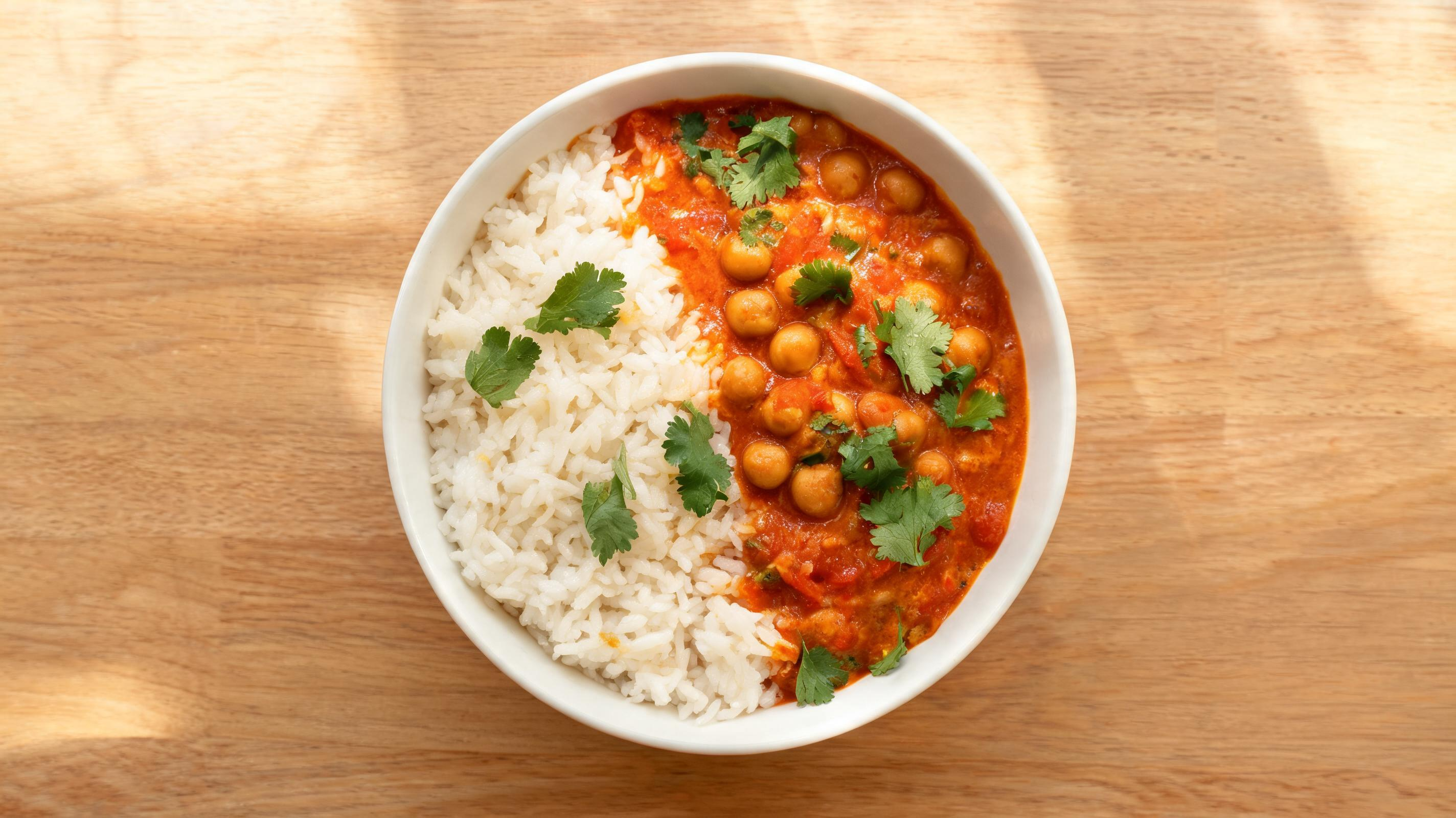 A hearty bowl of chickpea curry served over a bed of fluffy basmati rice.