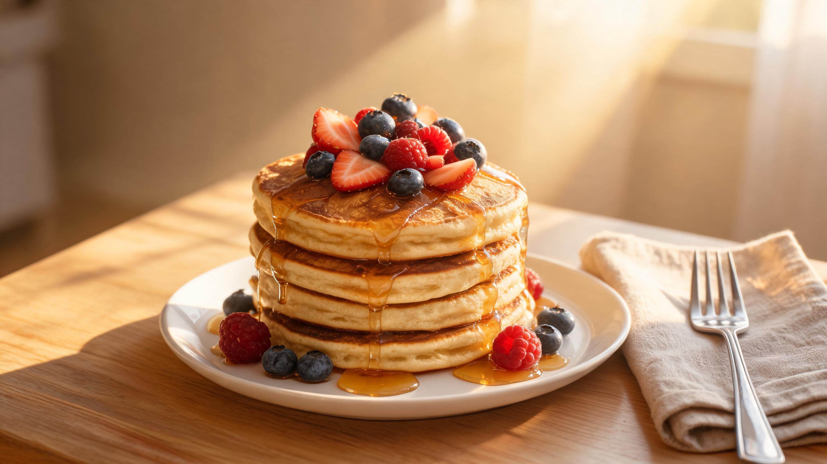 A stack of fluffy vegan protein pancakes topped with fresh sliced fruit.