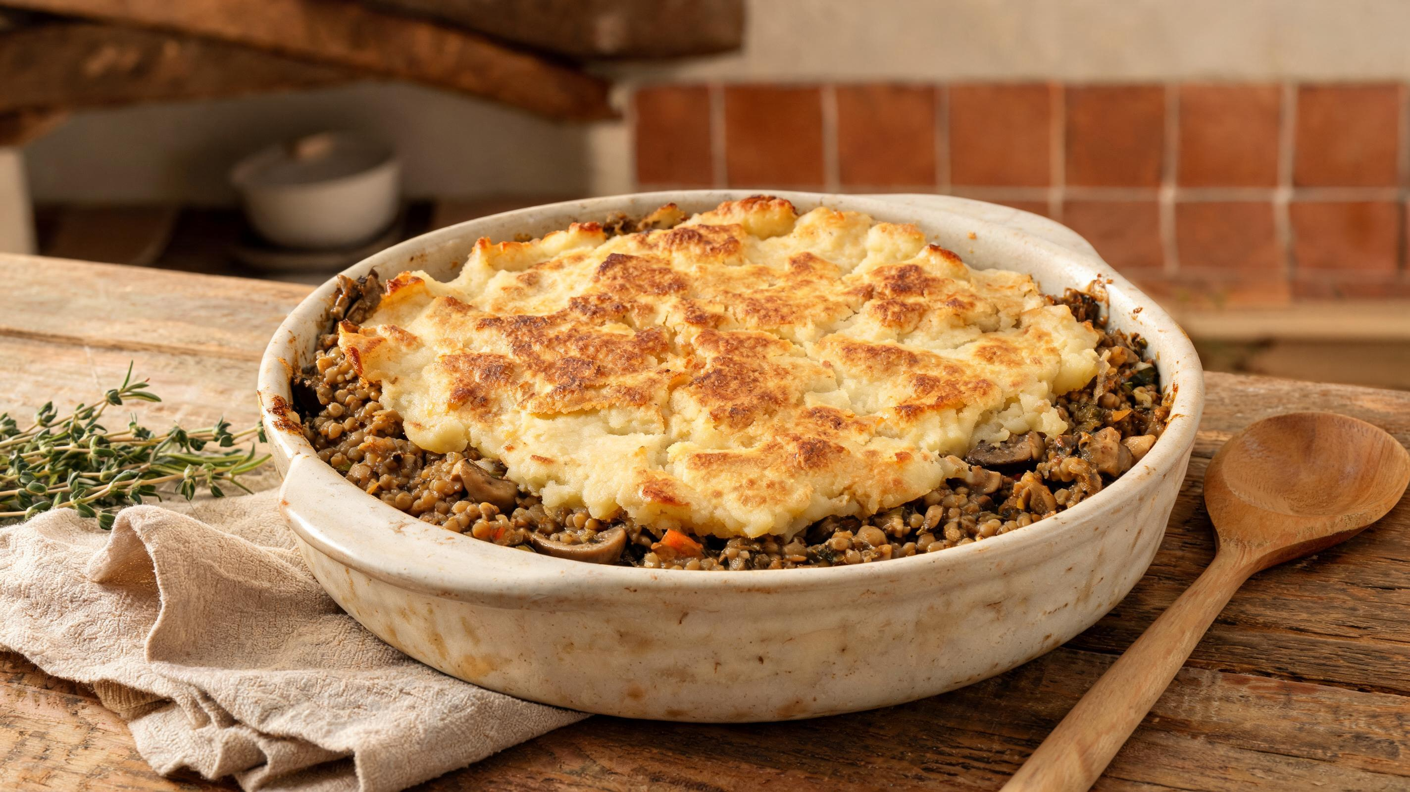 A hearty vegan shepherd’s pie topped with golden mashed potato ridges.
