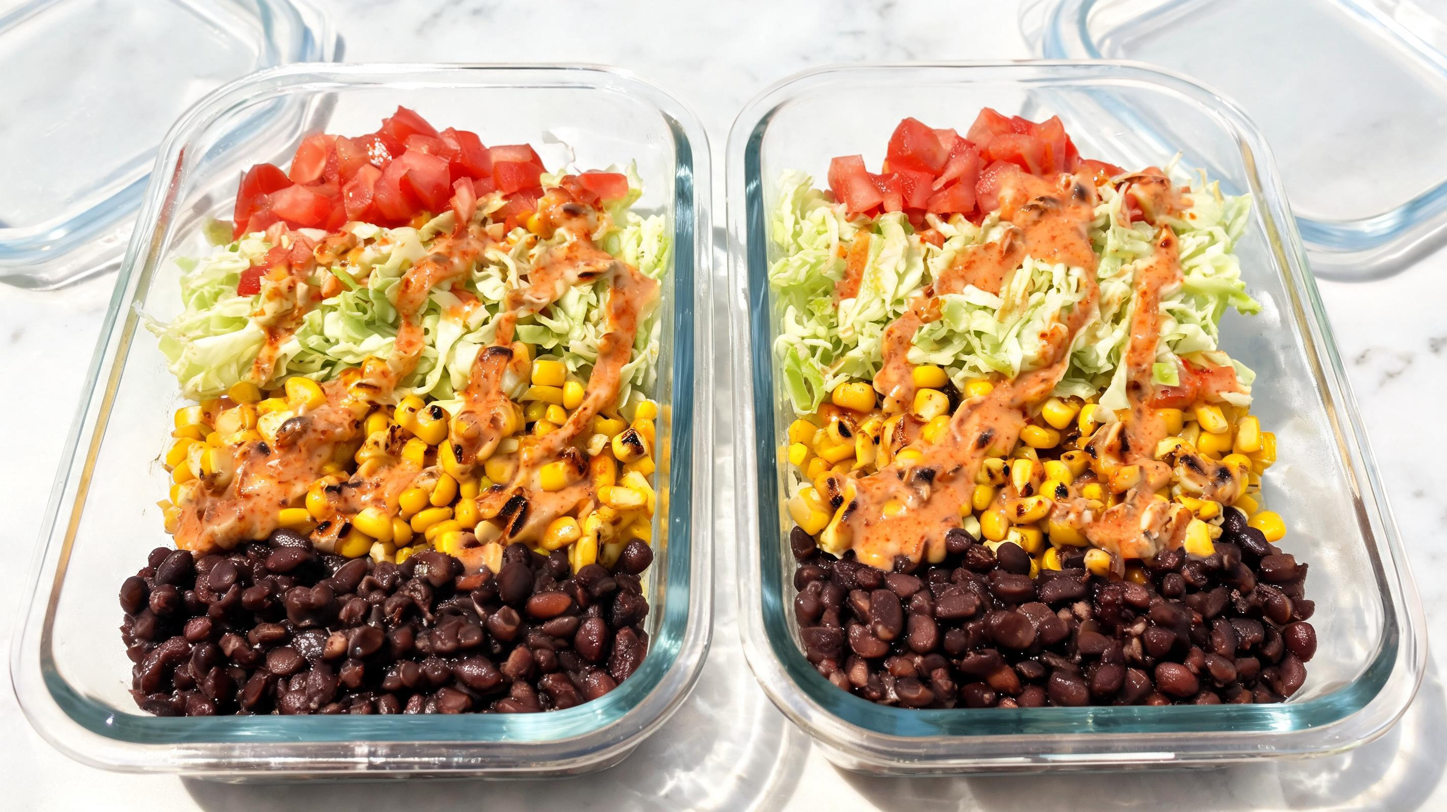 A vibrant vegan taco bowl with seasoned black beans, corn, and avocado.