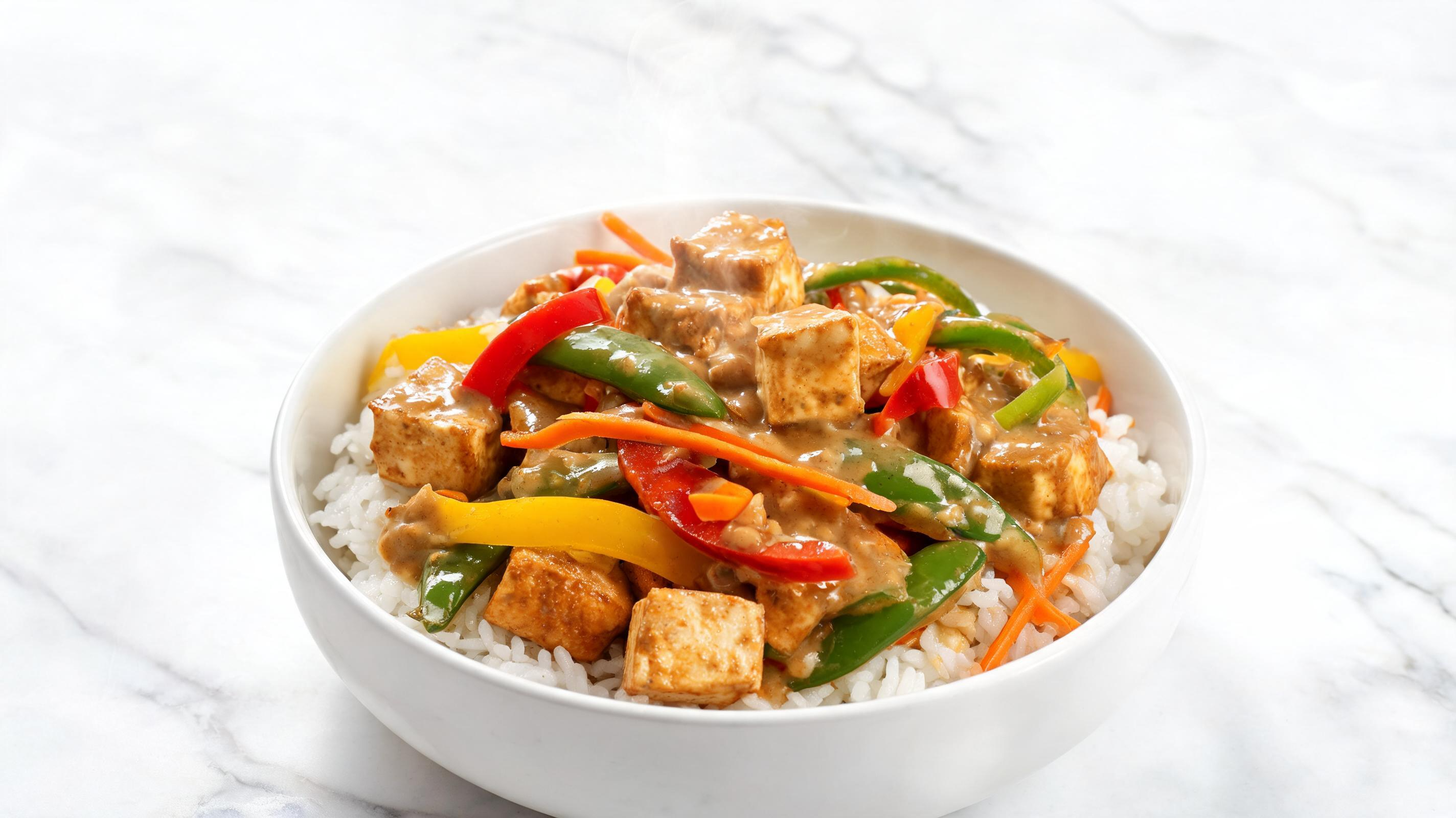 Crispy cubed tofu and mixed vegetables tossed in a creamy peanut sauce.