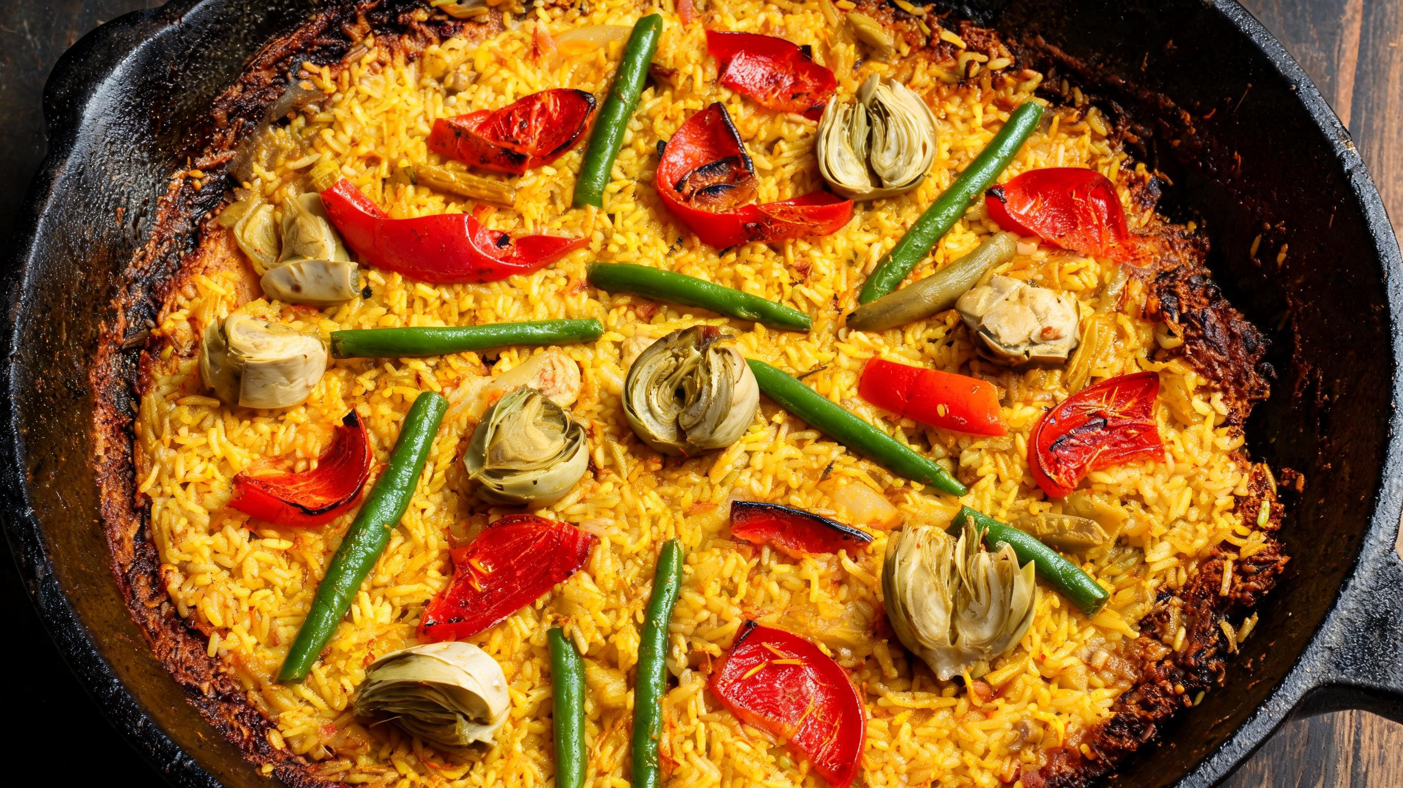 A colorful vegan paella packed with roasted peppers and artichokes.