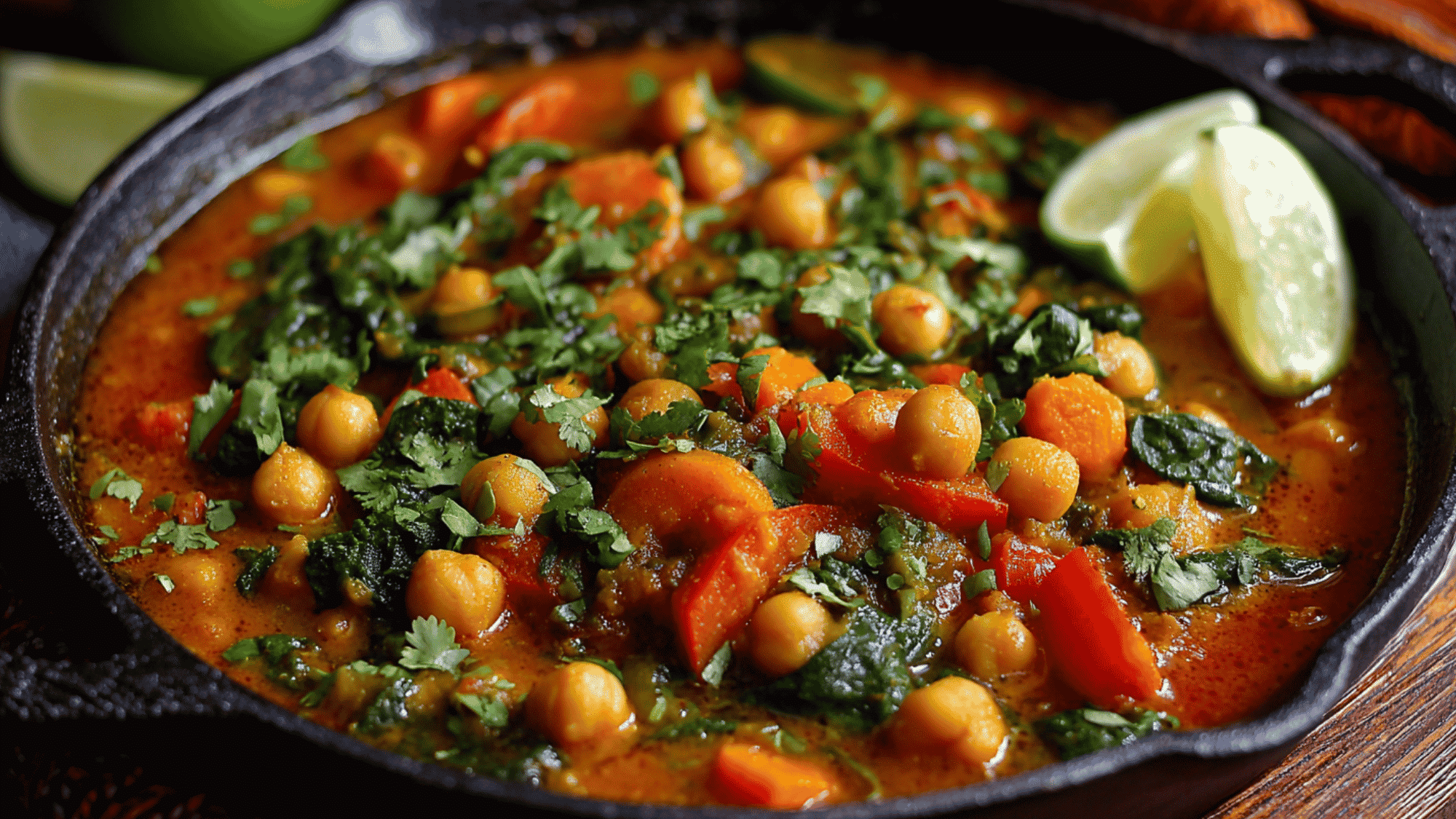 A hearty bowl of vegetable chickpea curry simmering with potatoes, carrots, and onions in a creamy, golden coconut milk broth inside a slow cooker.