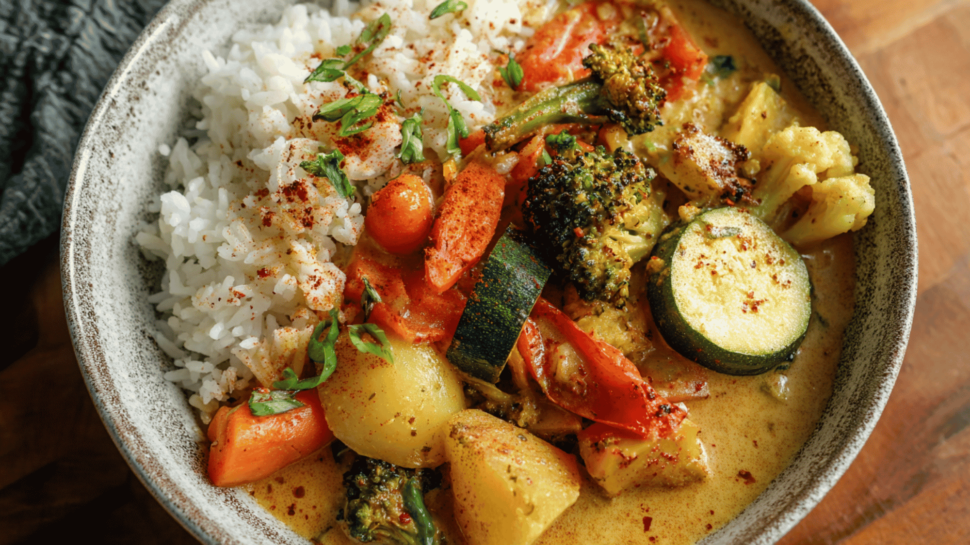 A vibrant bowl of aromatic vegetable curry served hot with a side of rice.