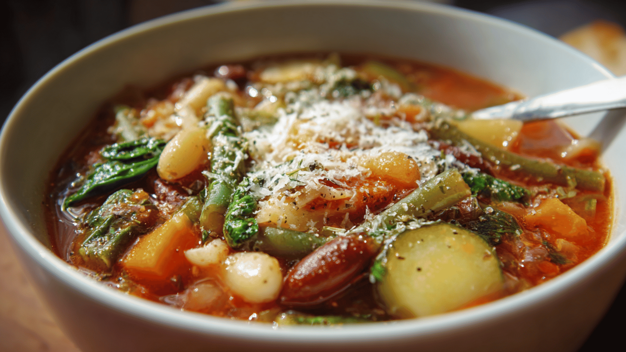 A comforting bowl of hearty Italian-style vegetable minestrone soup, packed with diced zucchini, carrots, celery, cannellini beans, and small tender pasta in a rich tomato broth, garnished with a sprinkle of grated Parmesan cheese.