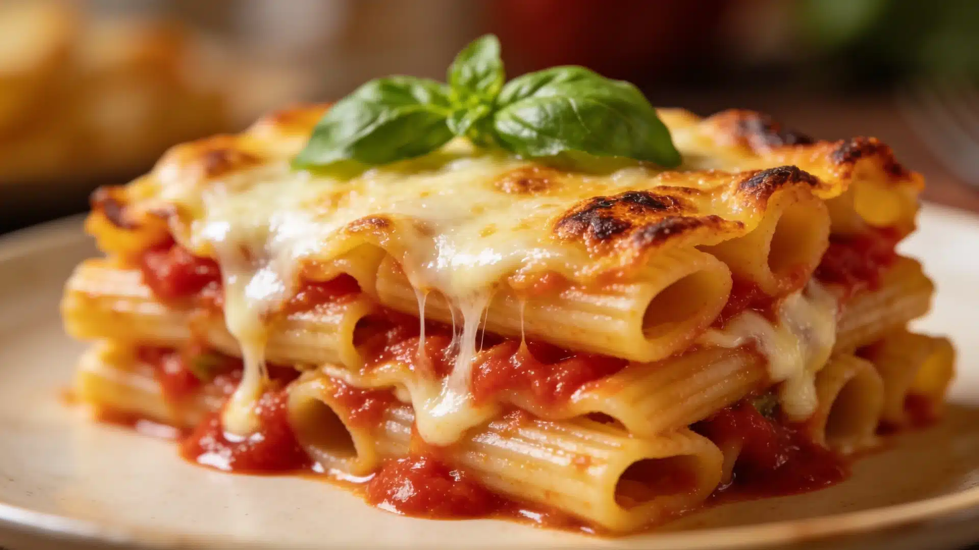 A golden cheesy baked ziti straight from the oven comfort food at its best.