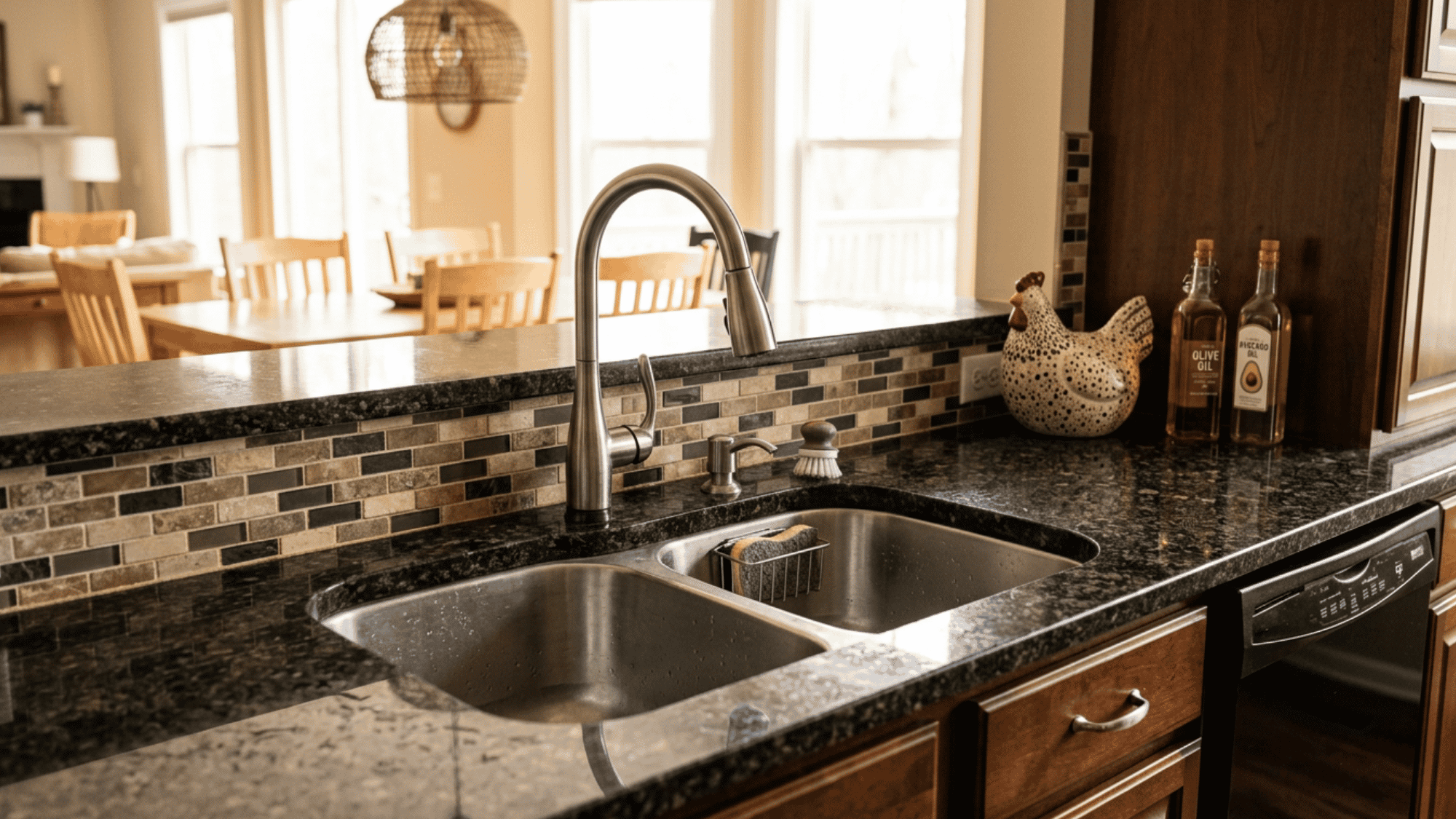 A polished Verde Butterfly granite countertop showcasing its deep green background blended with black, gray, and white mineral flecks.