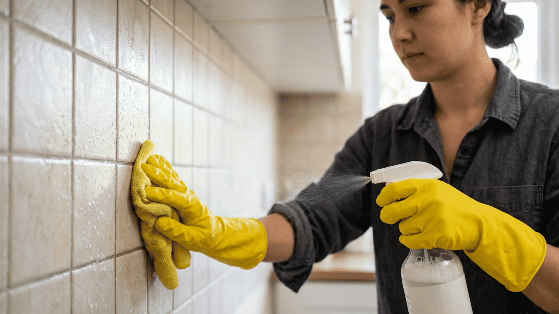 Hand applying hot vinegar to tile paint