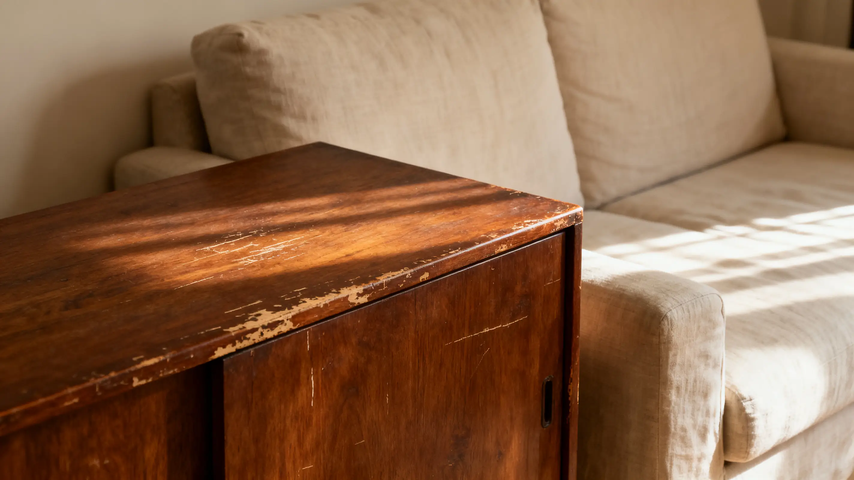 Distressed wooden cabinet next to beige sofa in sunlit living room