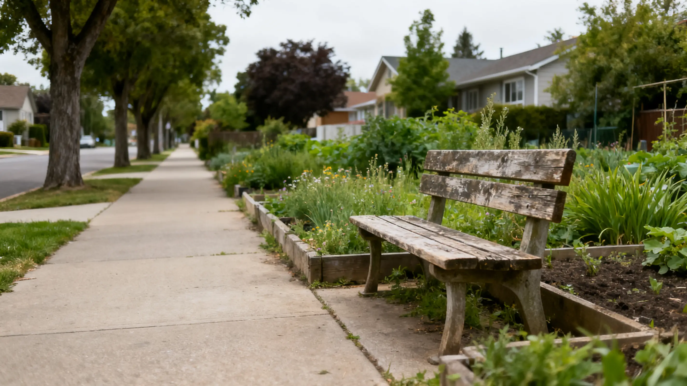 Weathered wooden bench near sidewalk in residential neighborhood garden under overcast sky
