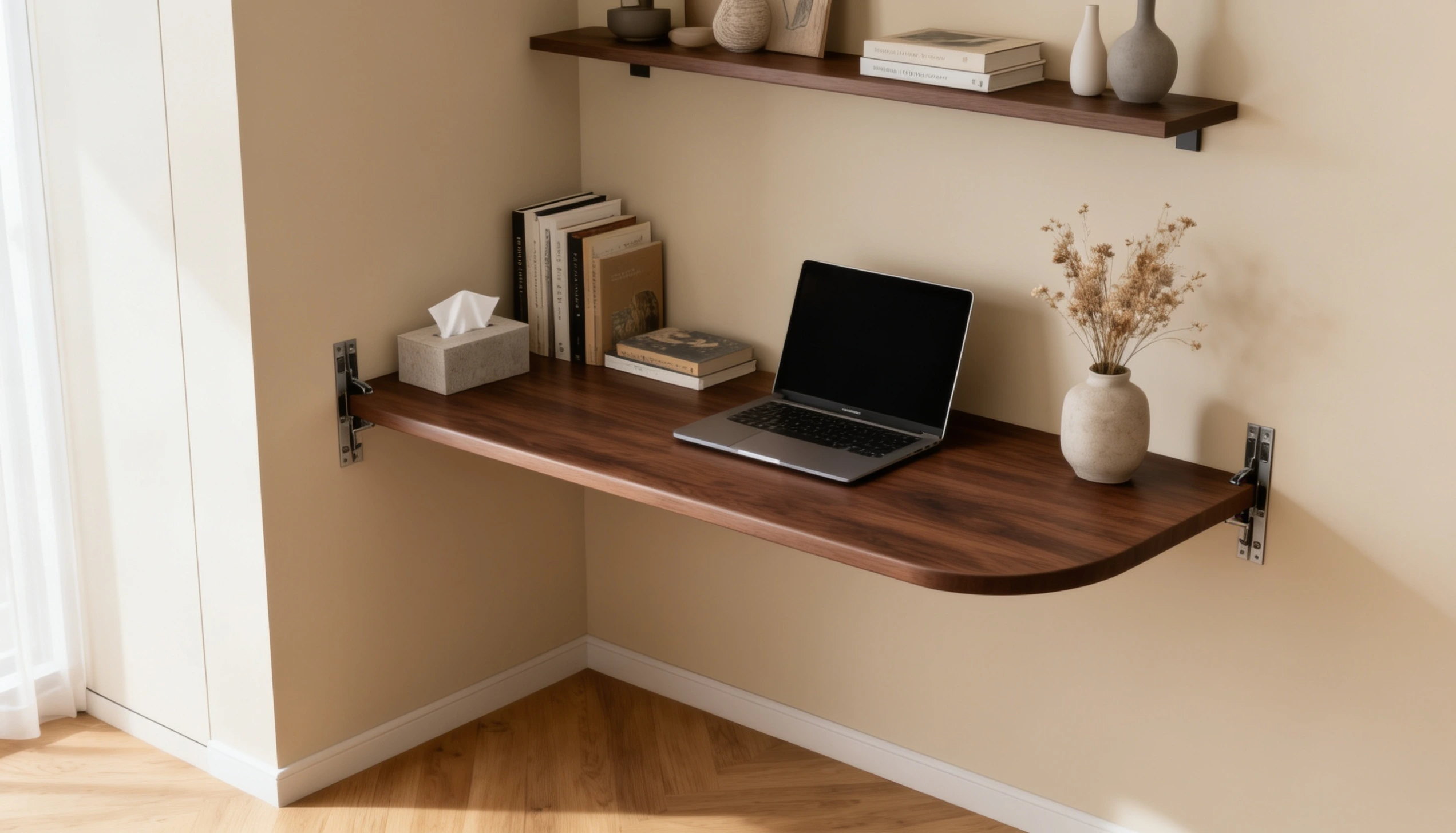 A wall-mounted wooden desk with a laptop, books, tissues, and a vase of dried flowers.