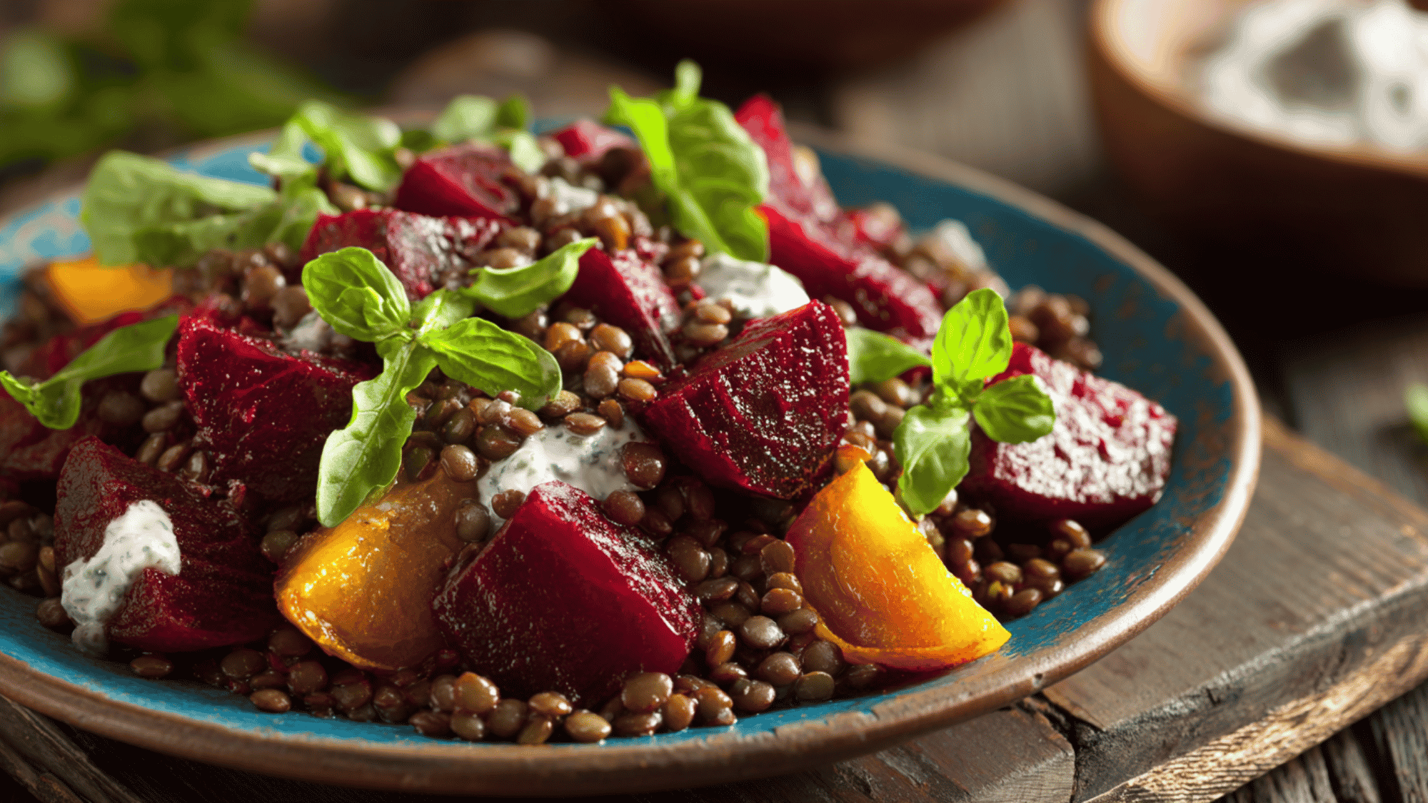 A vibrant and nutritious salad featuring a base of fresh green arugula topped with warm cooked lentils, cubed roasted red beets, chopped walnuts, and crumbles of white goat cheese.