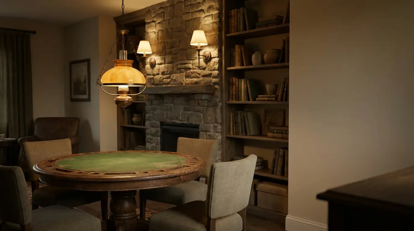 Cozy living room with round poker table, stone fireplace, and vintage book-filled shelves