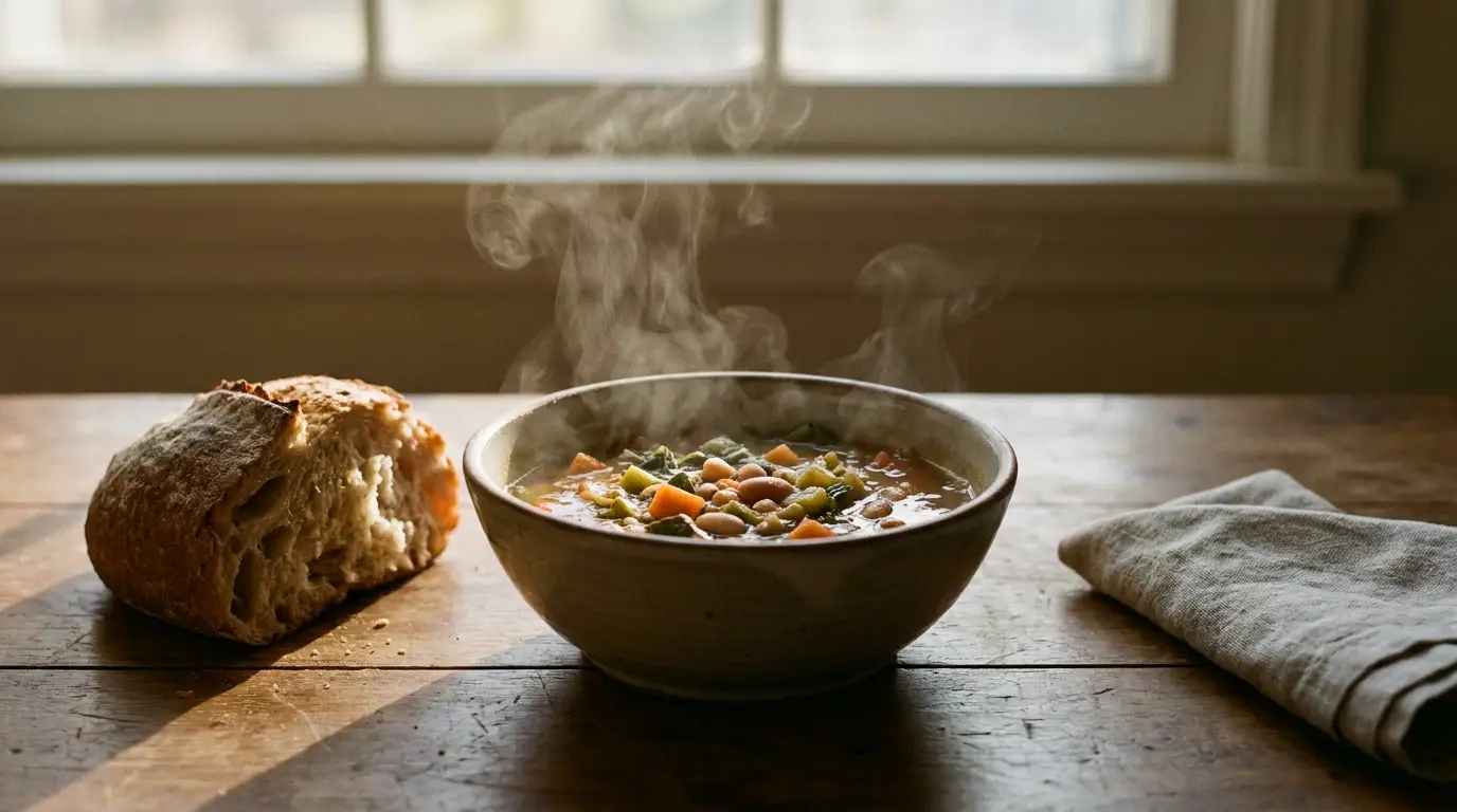 Steaming vegetable soup in ceramic bowl on rustic wooden table near fresh bread loaf